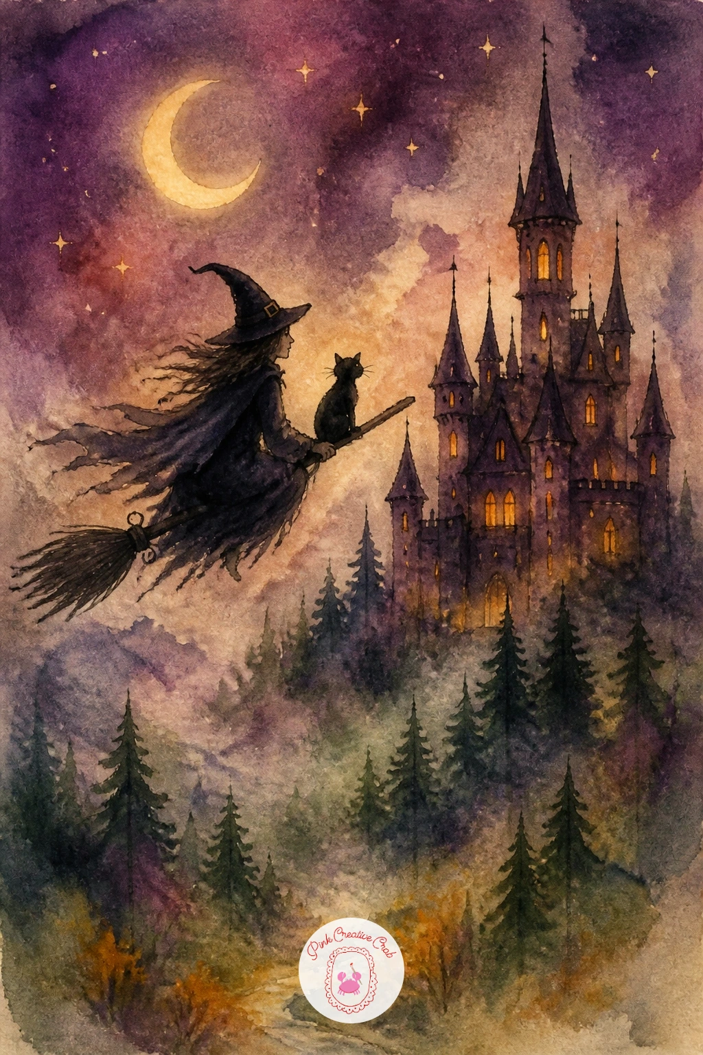 Witch Flying Past A Castle — Go bigger again with a witch flying past a castle, a dramatic little landscape that works well once several simpler scenes are