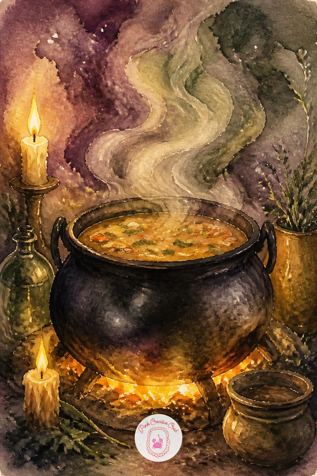 Cauldron Of Soup With Steam — Return to something simpler and warmer with a cauldron of soup with steam, a close-up companion to the earlier tea-brewing scene