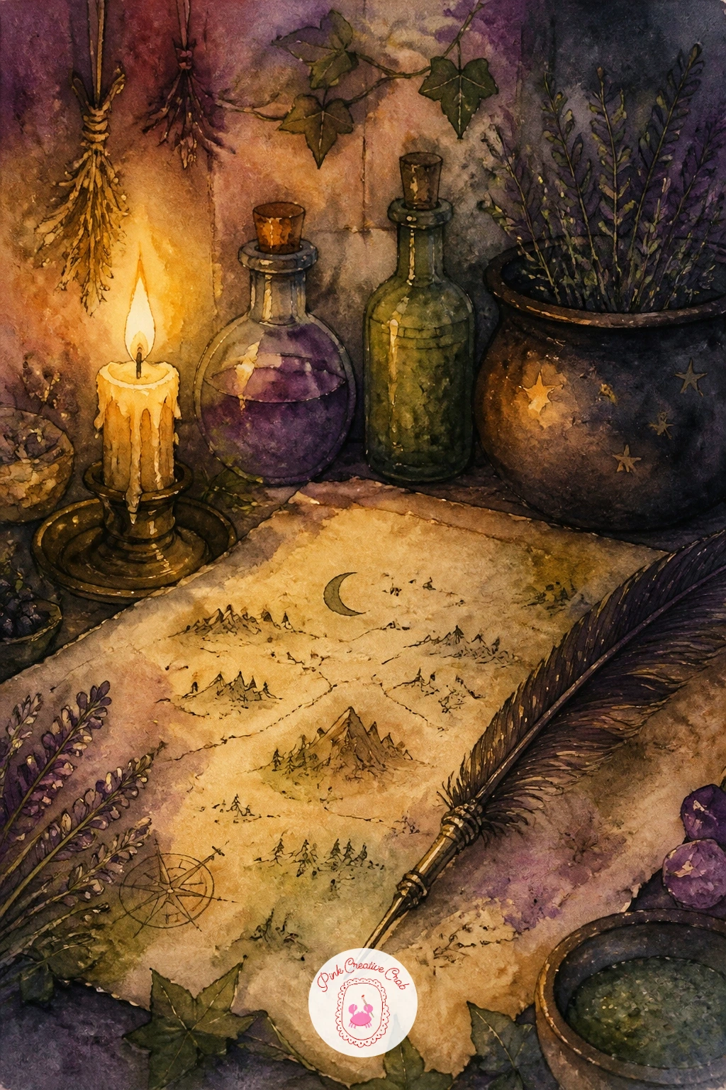 Witch's Desk With A Quill And Map — Settle into a witch's desk with a quill and map, a quiet still life full of small objects that rewards a careful, slower