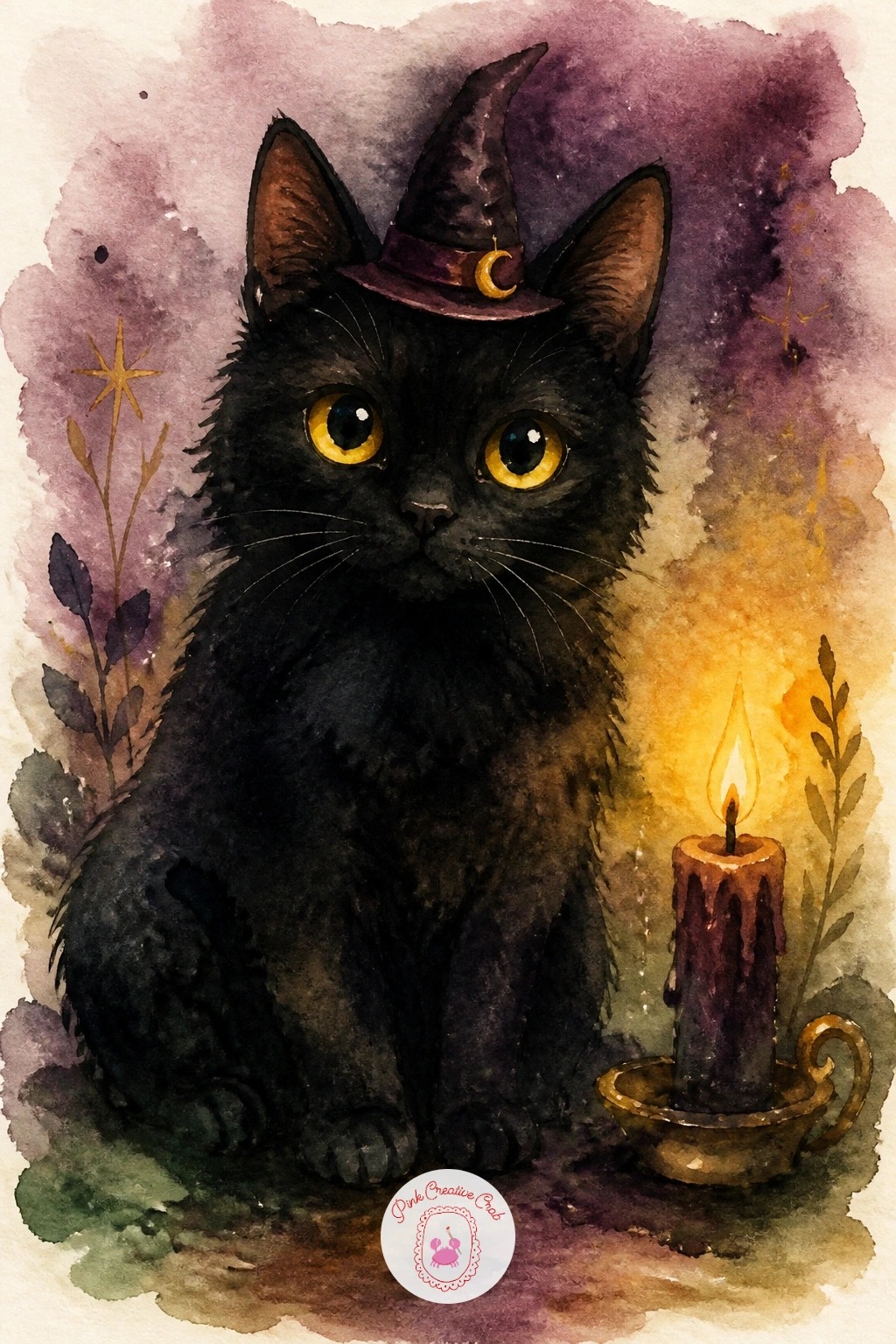 Black Cat With A Tiny Witch Hat — Lighten the mood with a black cat with a tiny witch hat, a simple and playful subject that makes a lovely small painting on