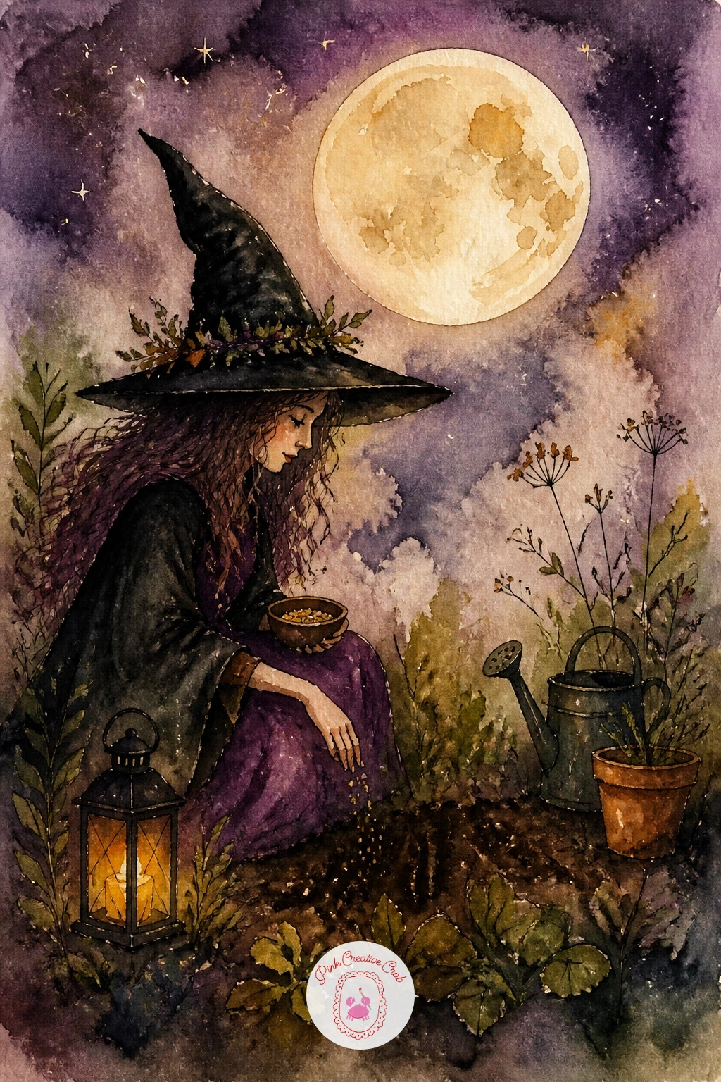 Witch Planting Seeds Under A Full Moon — Close the list with a witch planting seeds under a full moon, a gentle, hopeful scene that makes a nice last painting