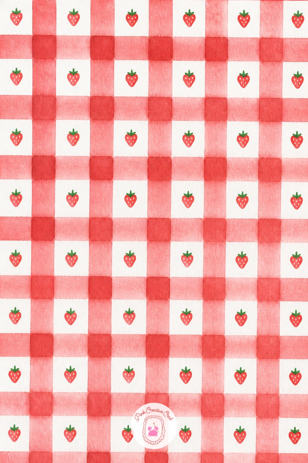 Gingham With Tiny Strawberries — Build the gingham base first for this one, since a gingham with tiny strawberries needs its grid painted before any fruit goes