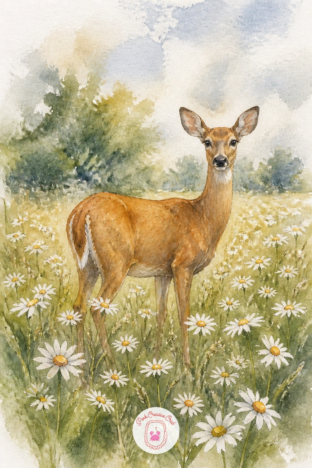 Deer in a Field of Daisies — Move from a human figure to an animal one with a deer standing quietly among daisies. Watercolor meadow