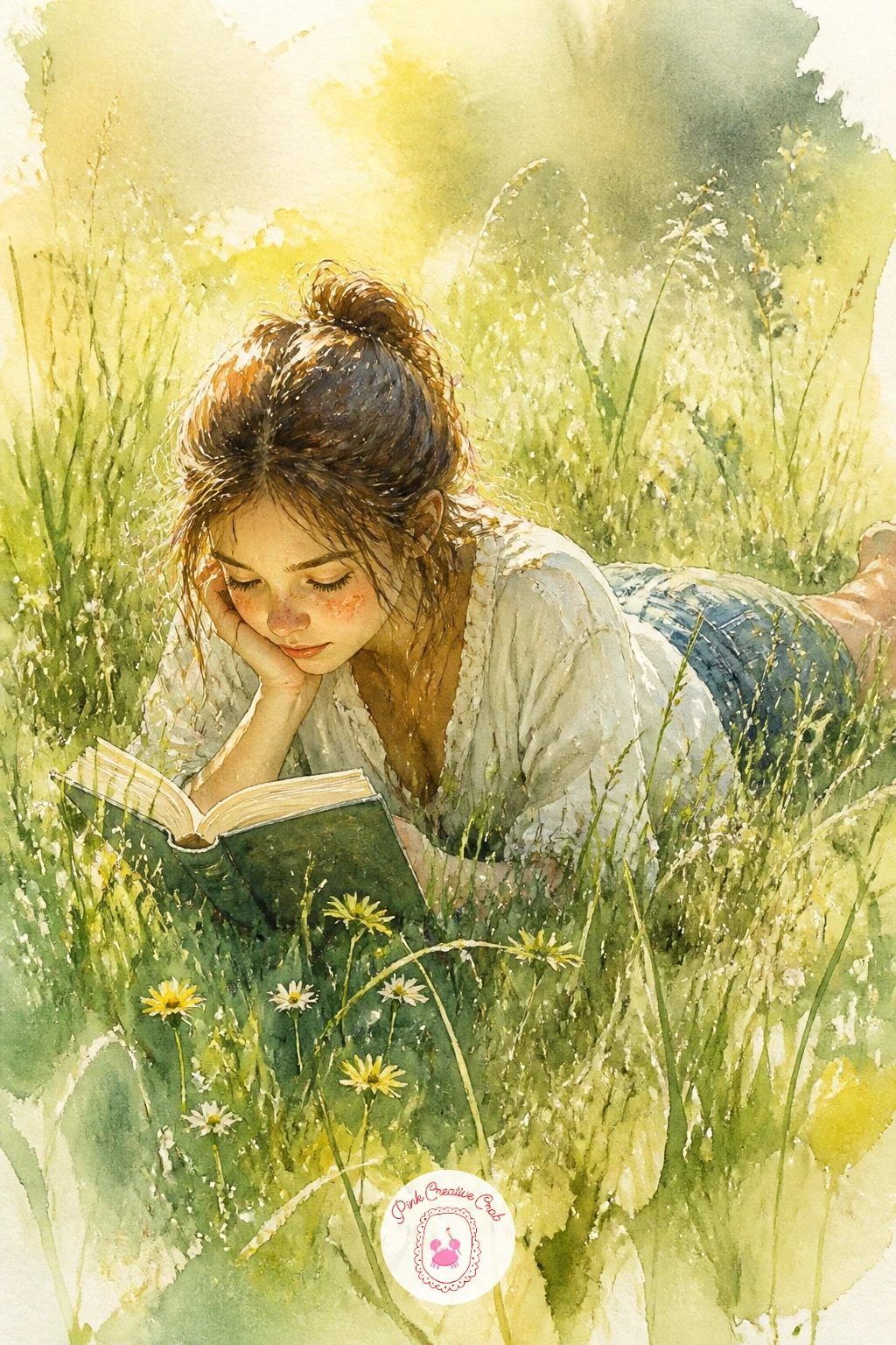 Girl Lying in Tall Grass With a Book — Start with the easiest figure in this whole list: a girl lying on her stomach in the grass, propped on her elbows with a