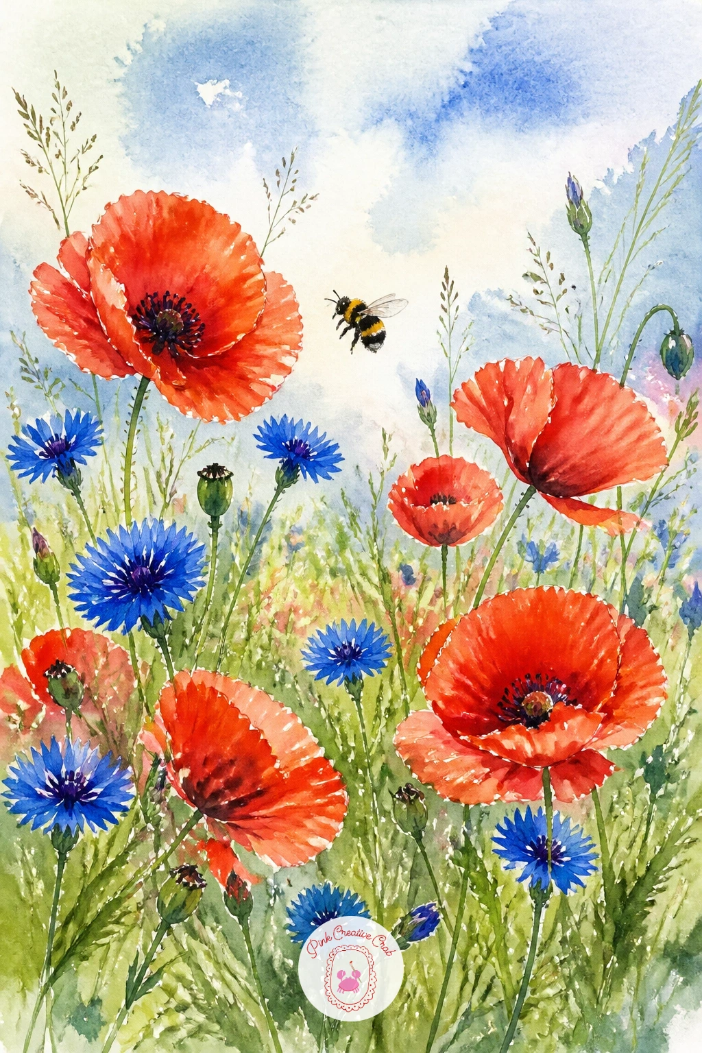 Poppies and Cornflowers With a Bee — Poppies and cornflowers side by side give you a quick lesson in contrast, red against blue, round petals against thin