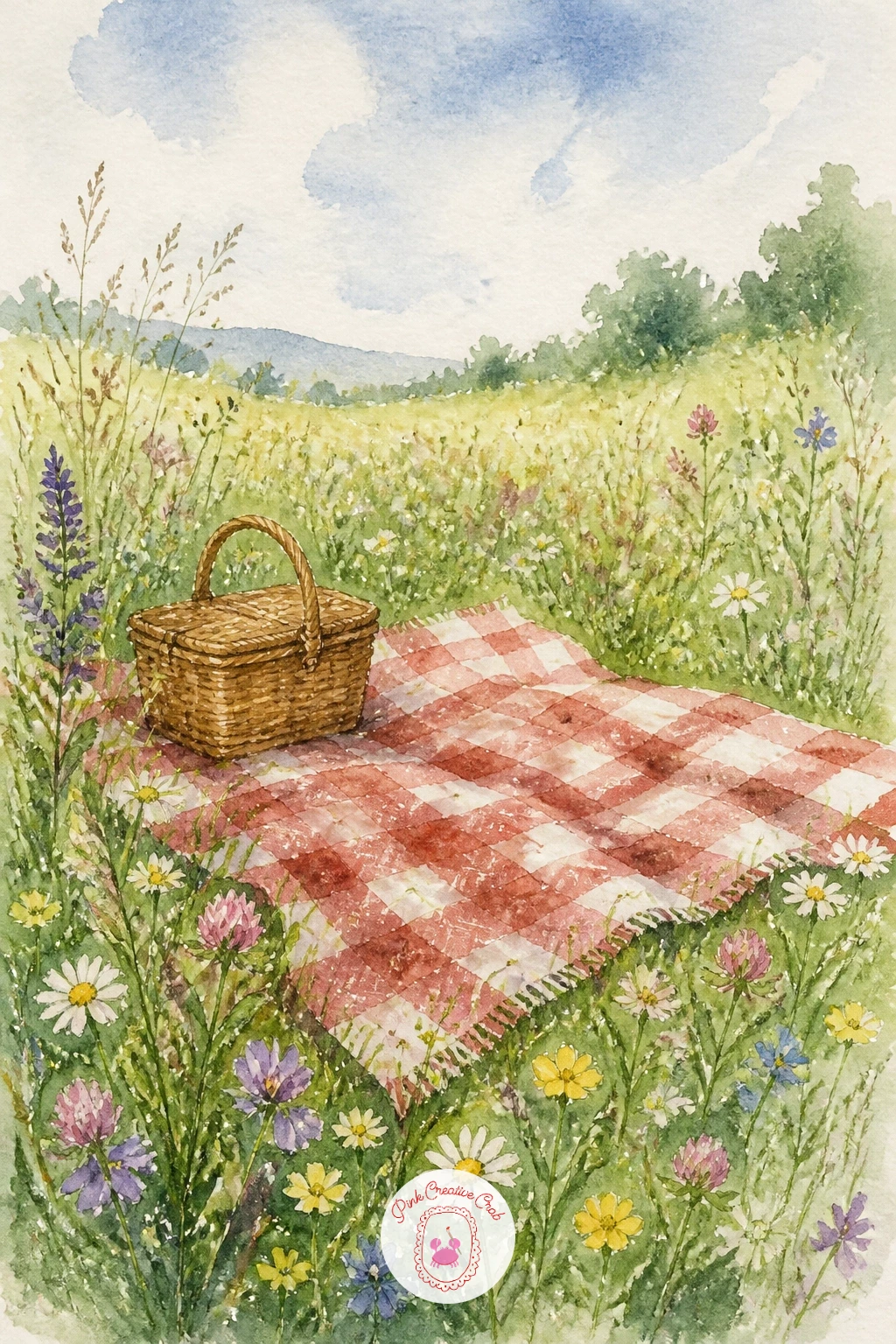 Picnic Blanket in a Wildflower Field — Give the meadow a quiet human touch with an empty picnic blanket spread among the flowers, checked red and white or