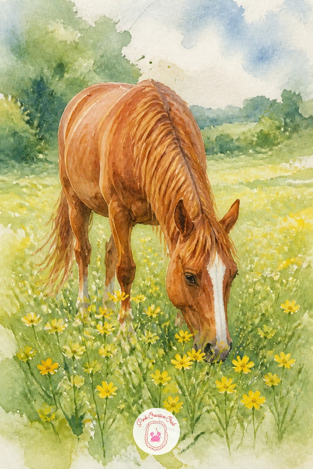 Horse Grazing Among Buttercups — A grazing horse is a gentle next step up from the deer, its head is lowered to the grass rather than lifted, which actually
