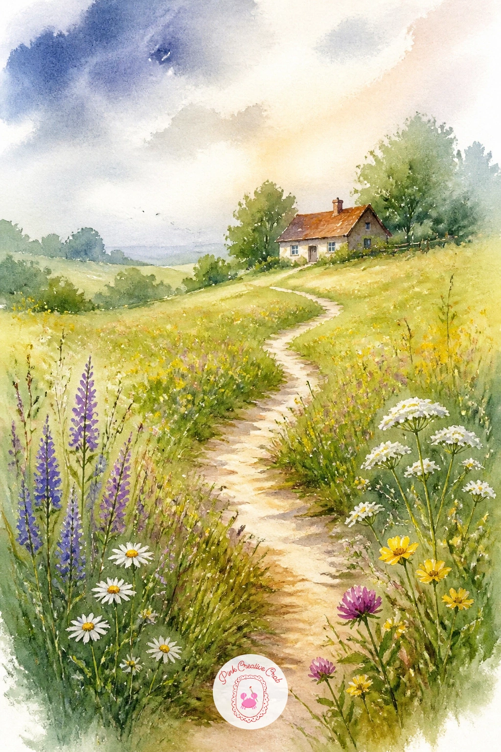 Path Through a Meadow to a Cottage — Give the eye somewhere to travel with a narrow path winding through the meadow toward a small cottage in the distance.