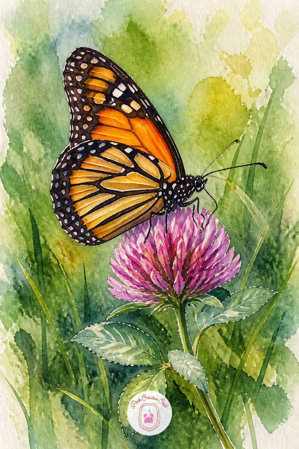 Butterfly on Clover — After a landscape with distance, slow right down to one small close-up: a single butterfly resting on a clover flower. Watercolor meadow