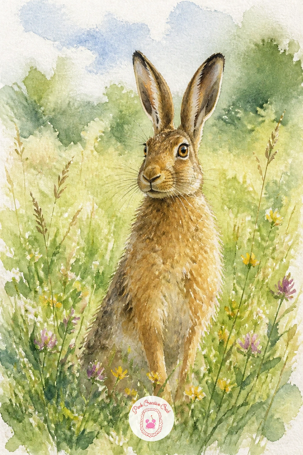 Hare in a Summer Meadow — A hare sitting upright in long grass is all about those tall ears, which give the whole painting its character. Watercolor meadow
