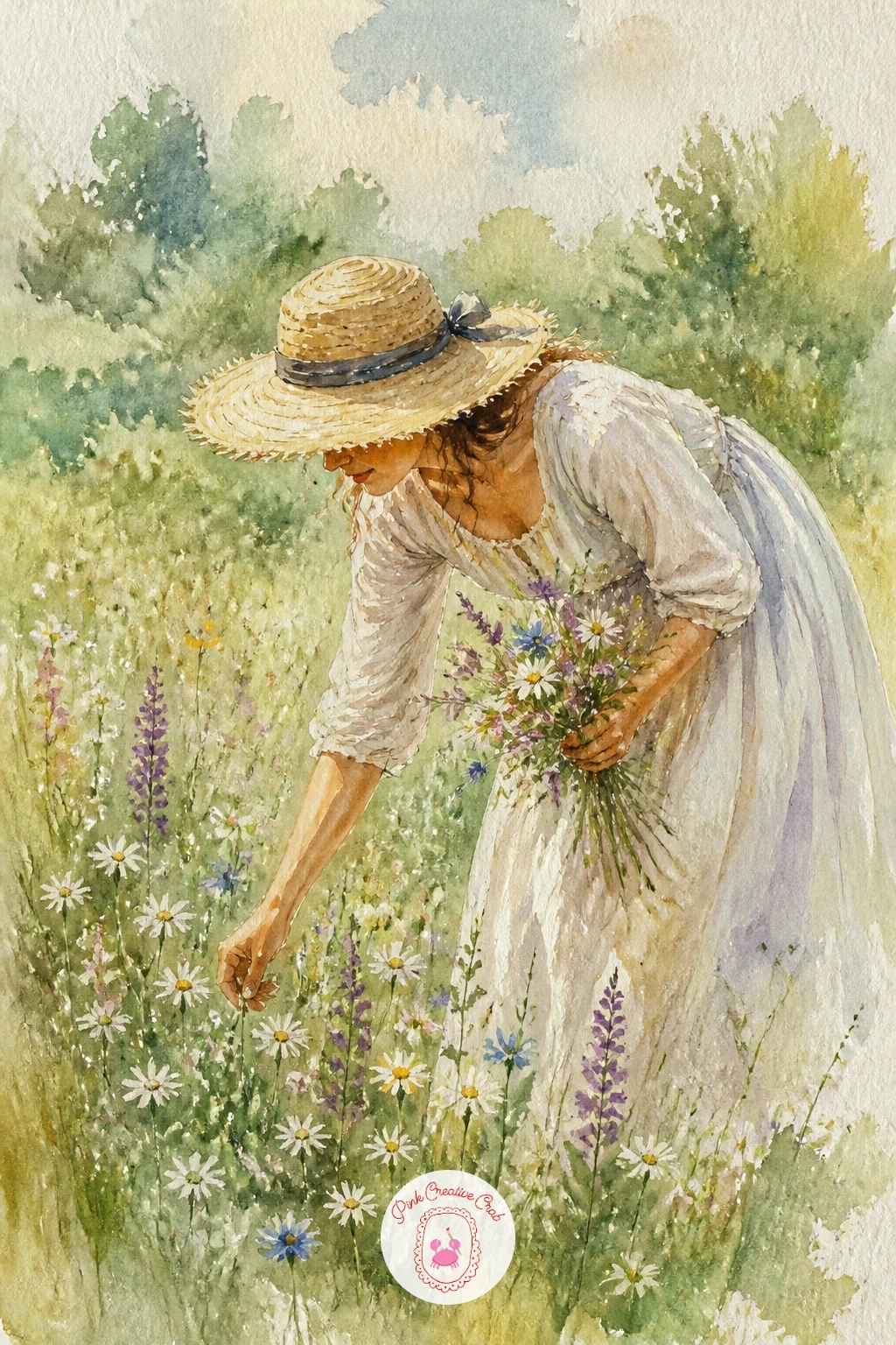 Woman Picking Wildflowers in a Straw Hat — Bring a figure back into the meadow with a woman bent slightly at the waist, straw hat shading her face, reaching to