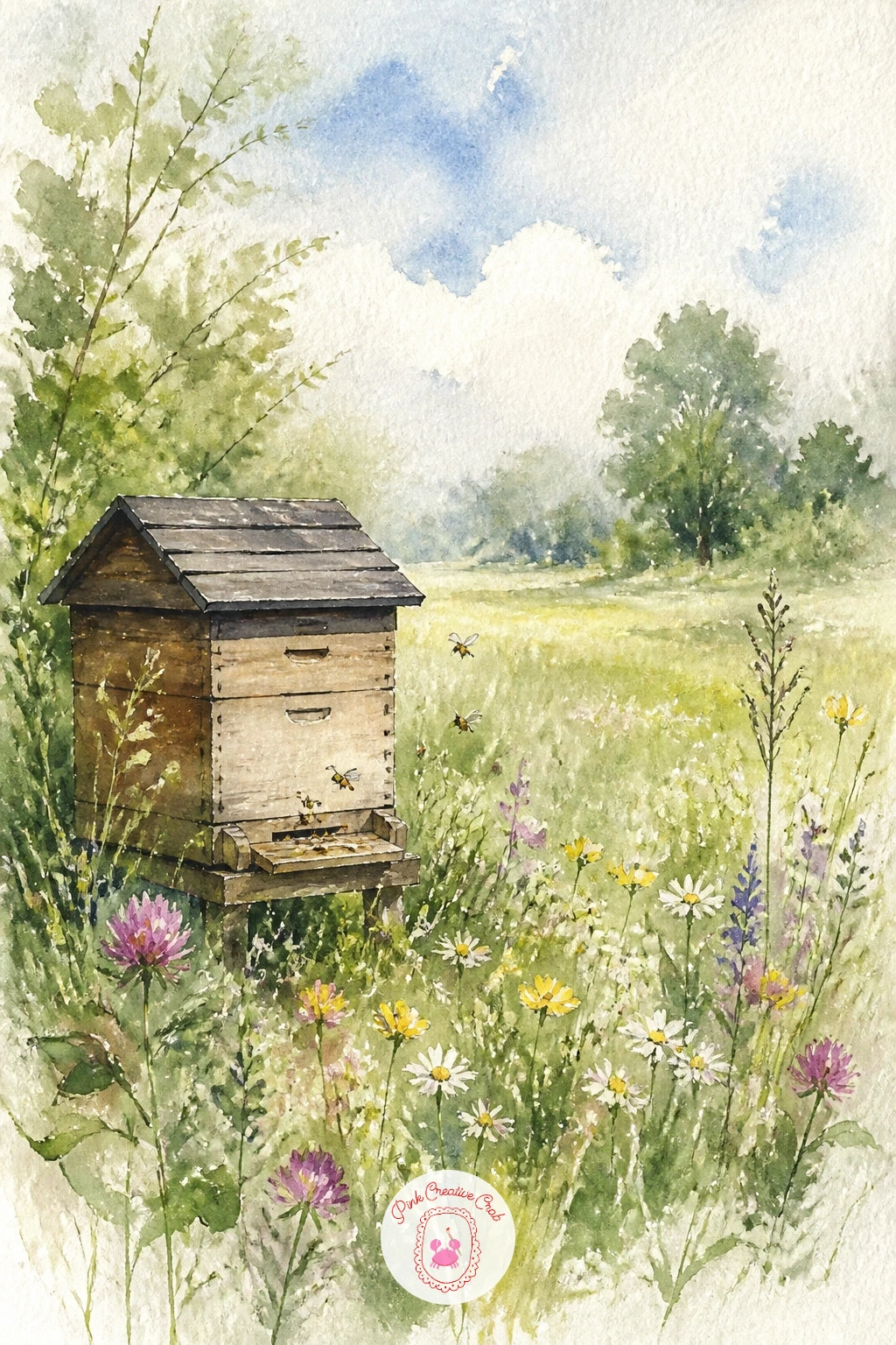 Meadow With a Beehive — A wooden beehive tucked at the edge of a meadow gives you a small architectural shape to balance against all the loose organic ones