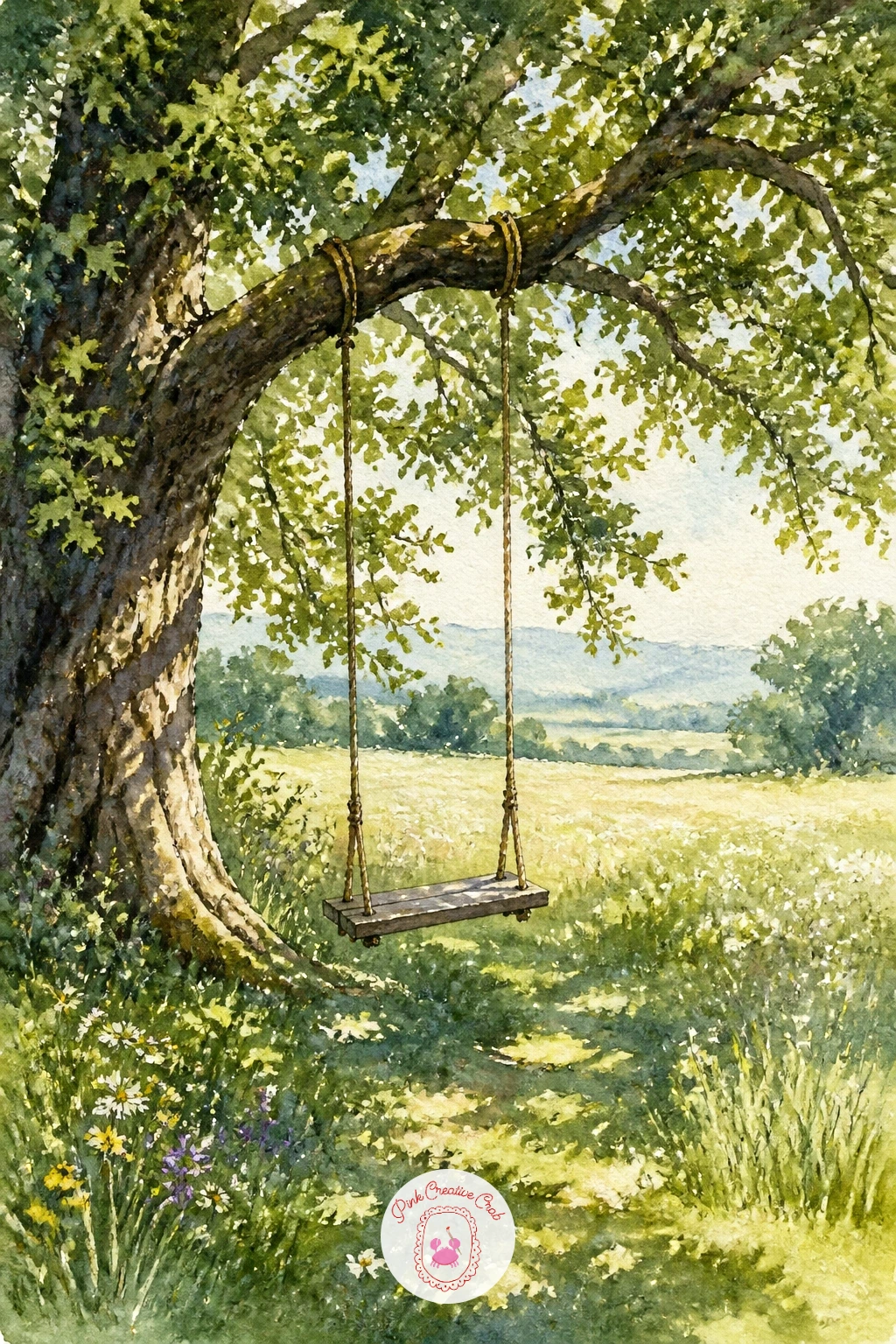 Swing on an Oak in a Meadow — An empty wooden swing hanging from a thick oak branch brings a quiet, nostalgic note to the meadow without needing a figure at