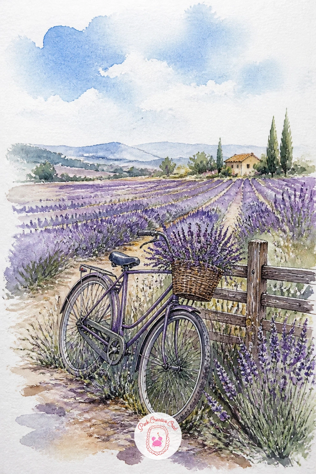 Lavender Meadow With a Bicycle — Switch the palette entirely for this one, a field of lavender rows with a bicycle leaned against a low fence at the edge.