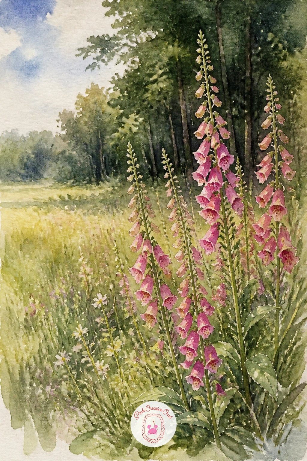 Foxglove Meadow at the Forest Edge — Foxgloves give you tall vertical shapes to contrast against the low grass, especially good where a meadow meets the darker