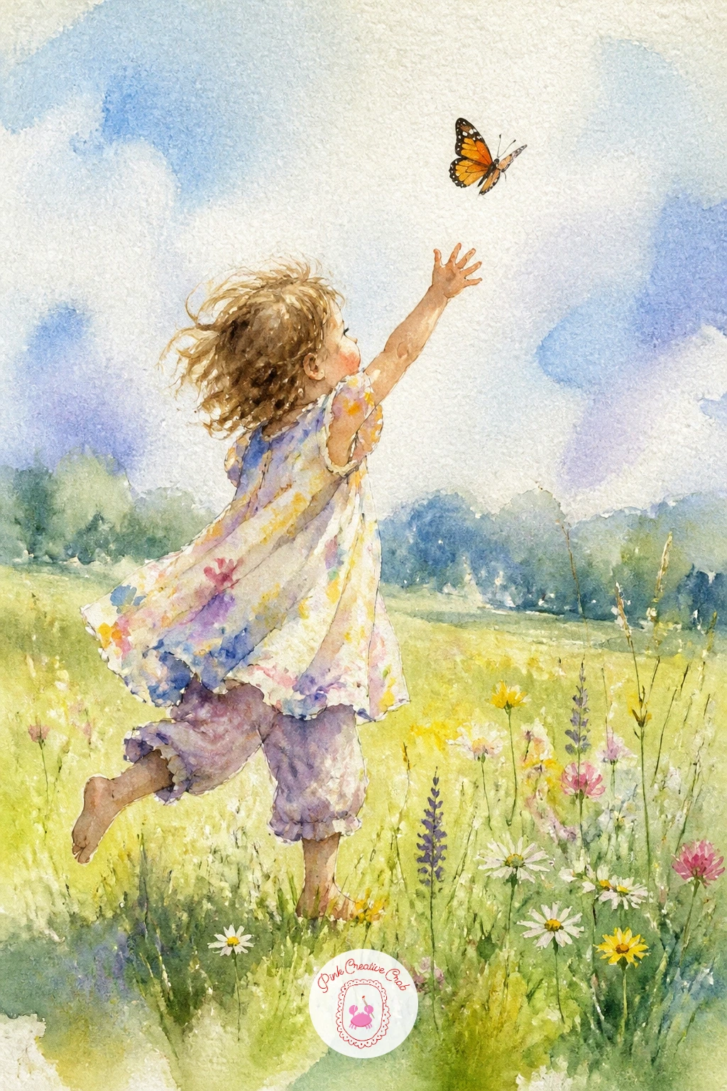 Child Chasing Butterflies — A small child mid-run after a butterfly brings motion into the meadow, which you can suggest with just a few loose lines rather