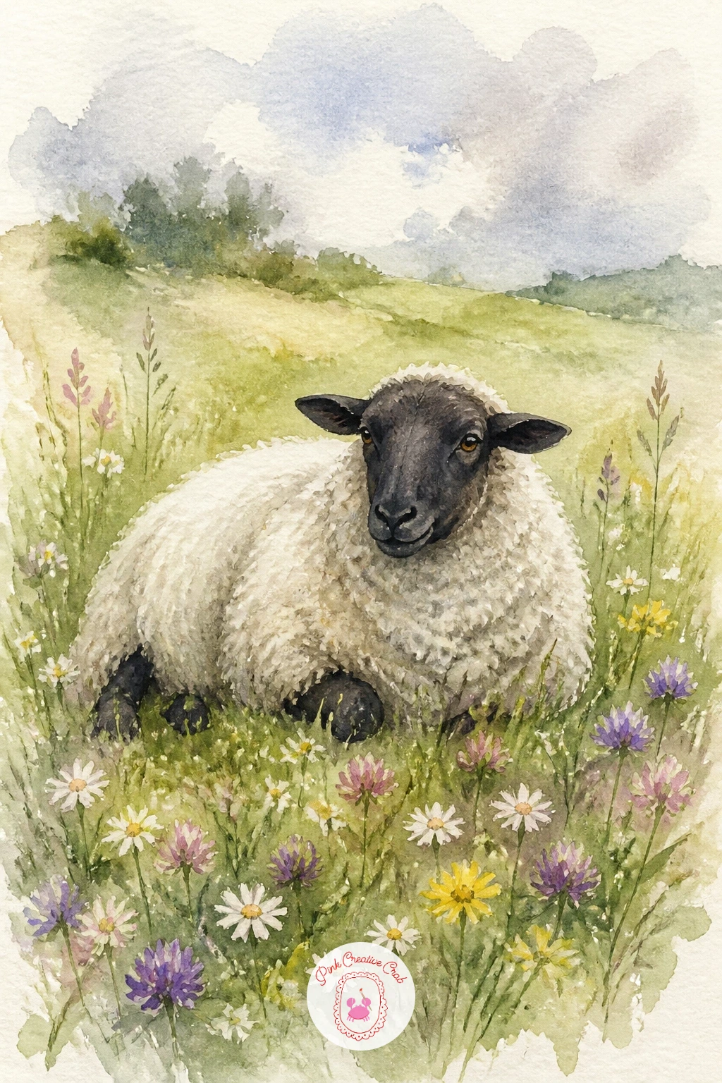 Sheep Resting in a Flower Field — A sheep lying down among flowers is a wonderfully round, soft shape to paint, almost like painting a cloud with legs tucked