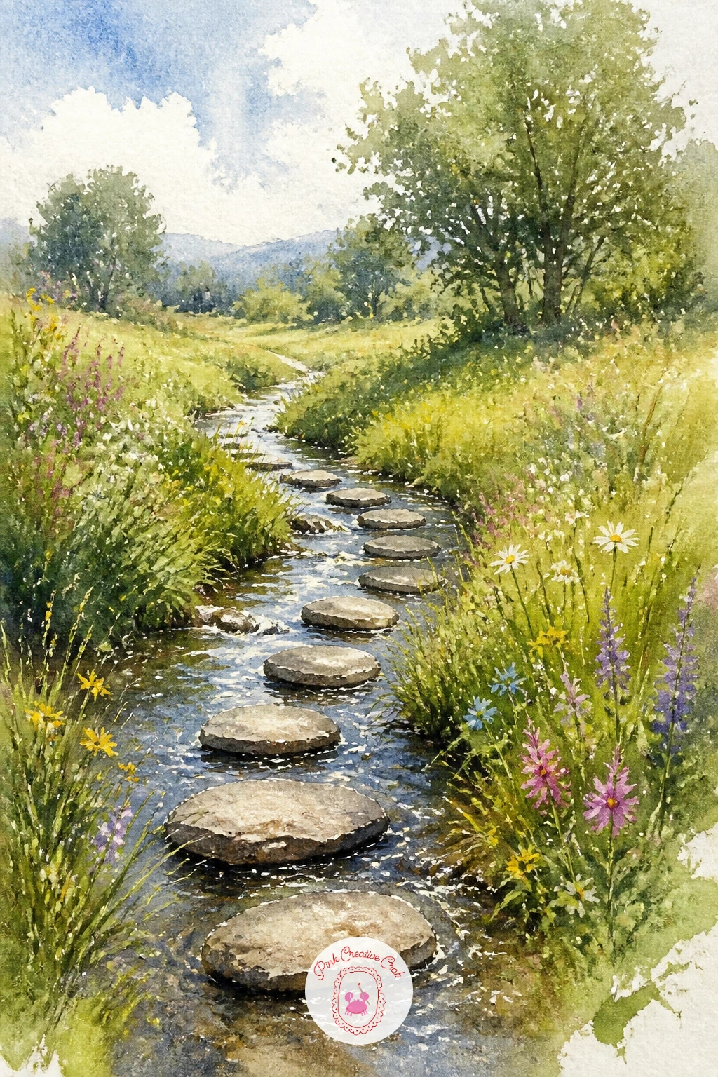 Meadow With a Stream and Stepping Stones — A thin stream crossing the meadow with a few stepping stones gives you a strong horizontal line to anchor the whole