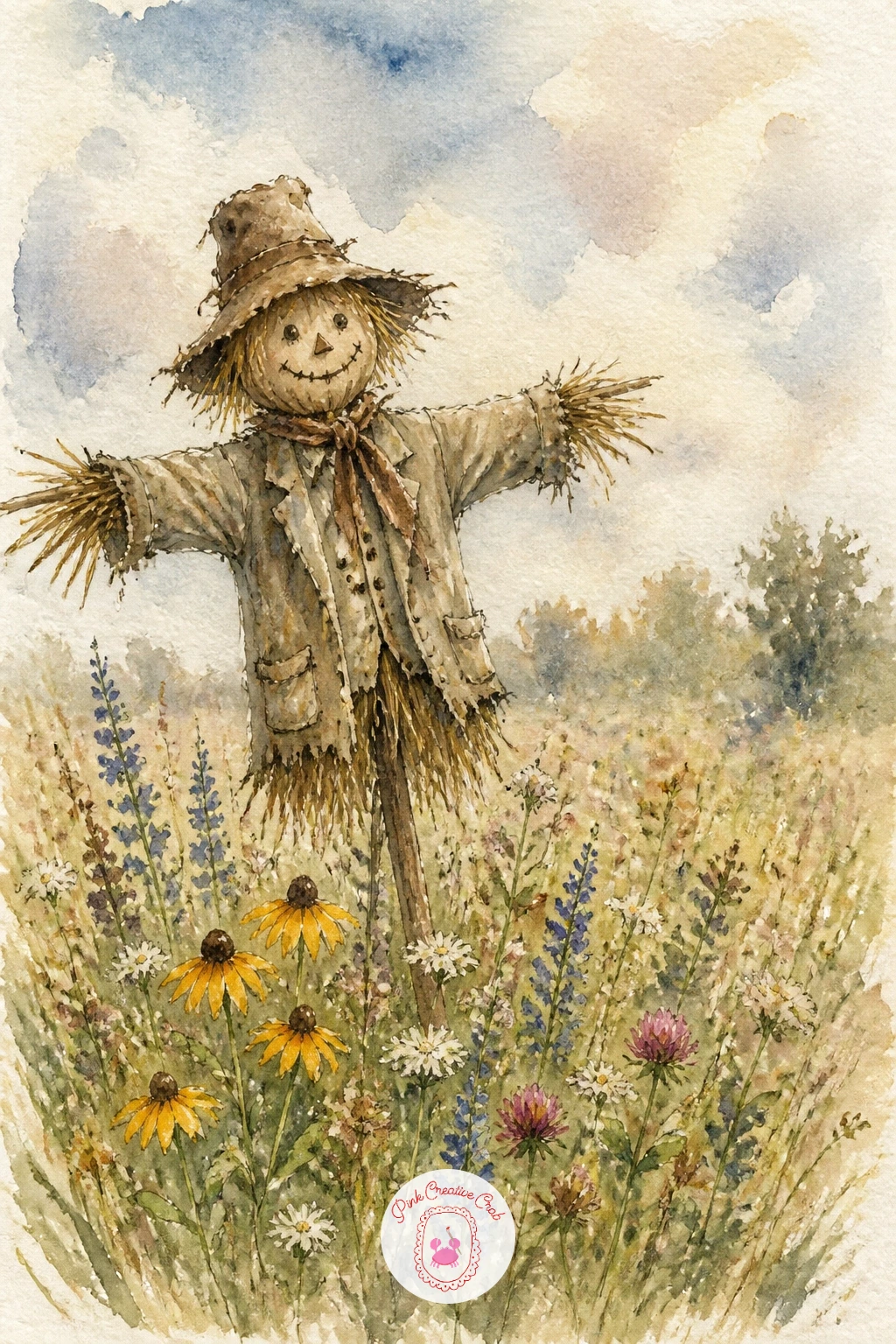 Scarecrow in a Wildflower Field — A scarecrow standing slightly crooked among wildflowers is a fun break from soft rounded shapes, all straight lines and