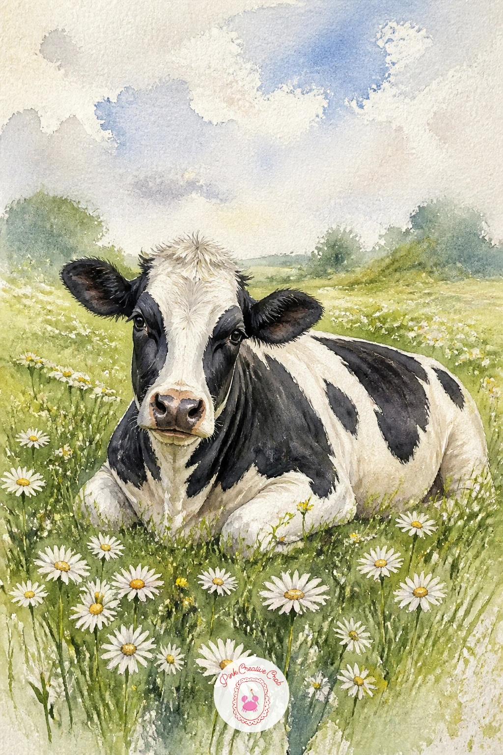 Cow Lying Among Daisies — Picture a cow lying down in a bed of daisies, legs folded beneath it, chewing contentedly, which is a calmer and chunkier cousin of