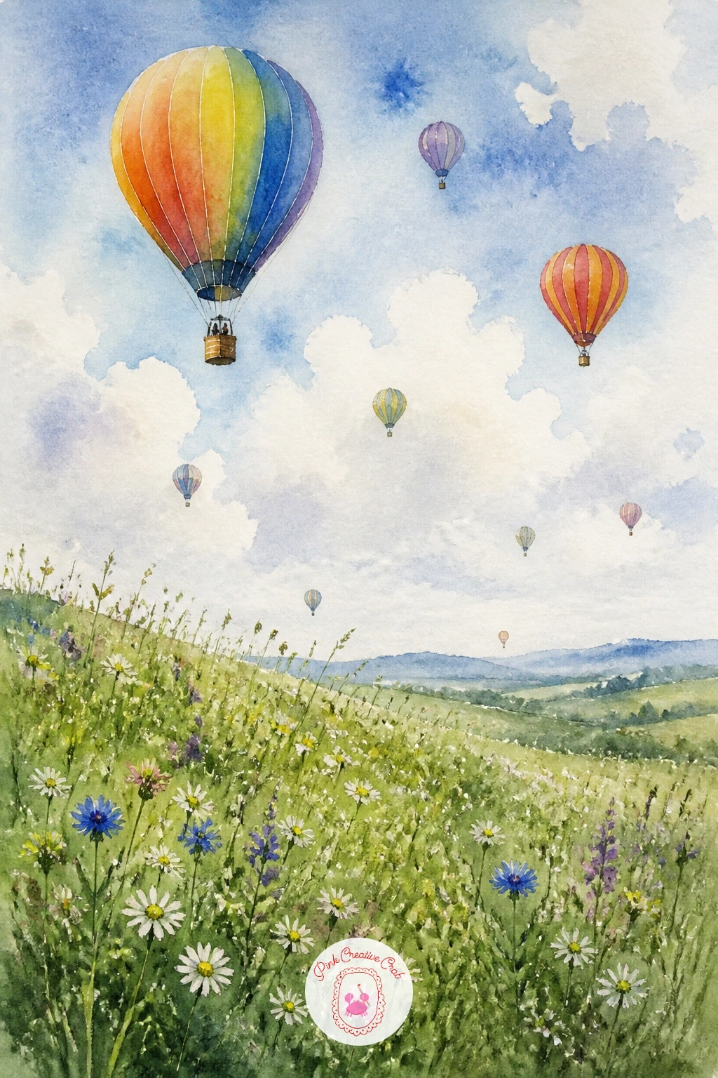Meadow With Hot Air Balloons Above — Lift the eye up from the grass entirely with a handful of hot air balloons drifting above the meadow. Watercolor meadow