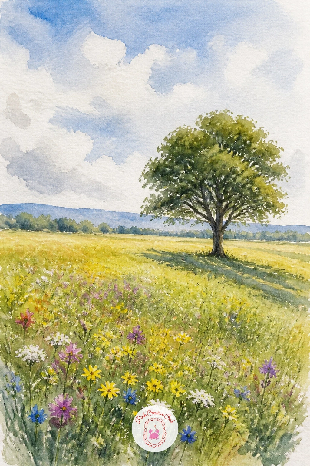 Lone Tree in a Flower Meadow — A single tree standing alone in an open meadow is a classic composition for good reason, it gives the whole page one clear focal