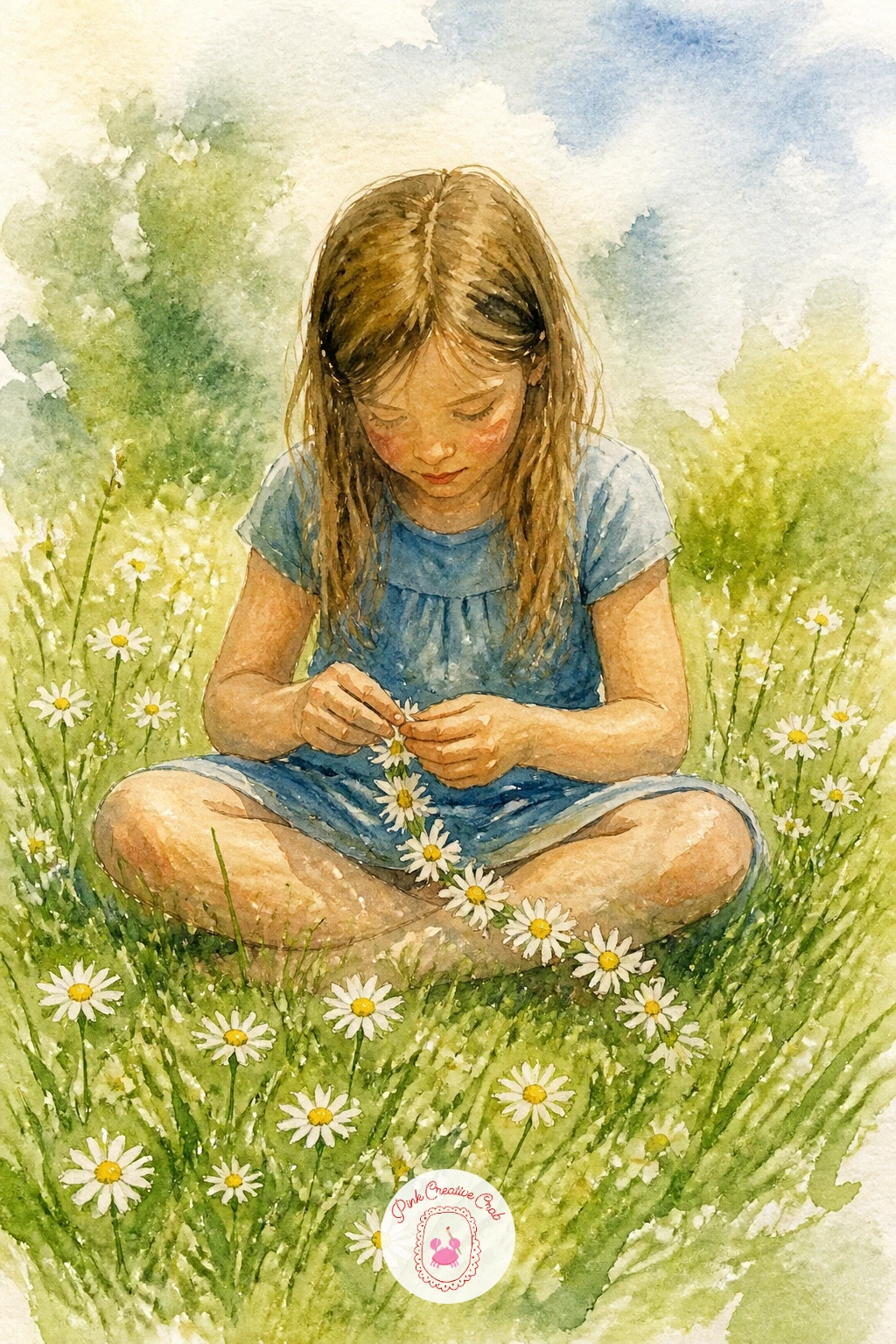 Girl Making a Daisy Chain — Return to a quiet human moment with a girl sitting cross-legged in the grass, head bowed slightly, threading daisies into a chain