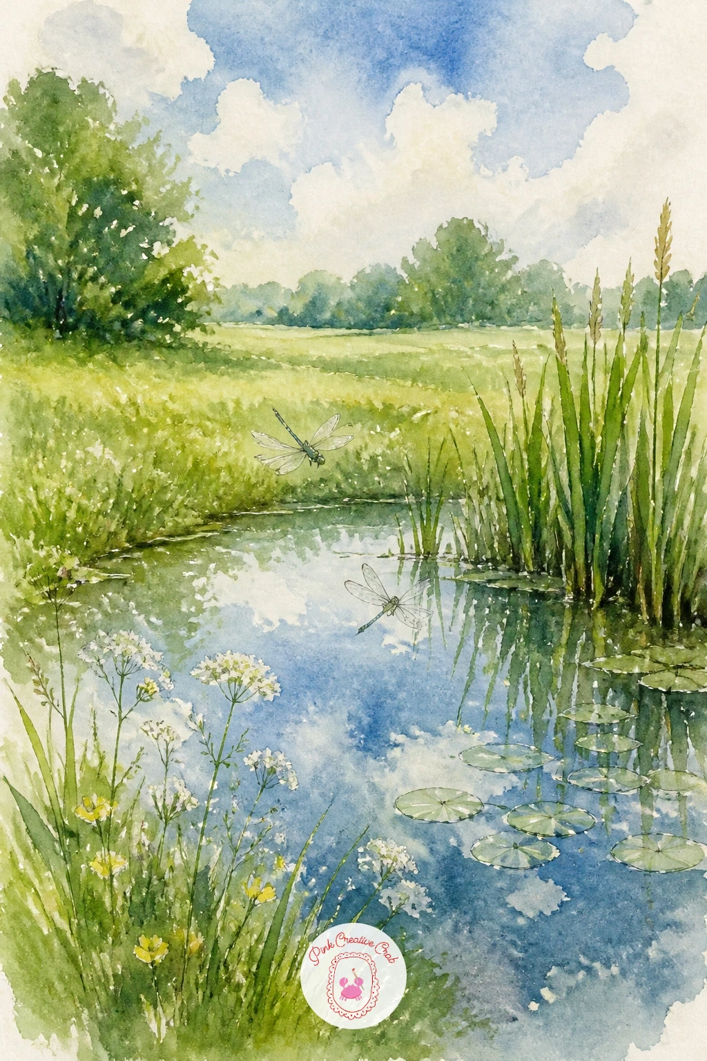 Pond in a Meadow With Dragonflies — A small still pond tucked into the meadow gives you a chance to paint reflection, which is simpler than it sounds once you