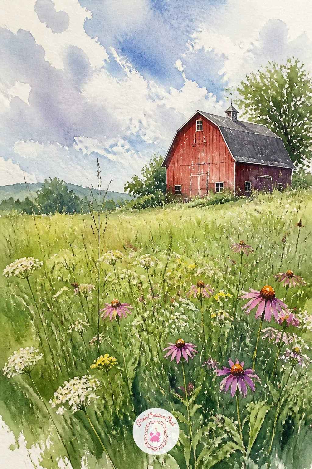 Meadow With a Red Barn — A classic red barn at the edge of the meadow gives you one strong warm shape to balance against all that green. Watercolor meadow