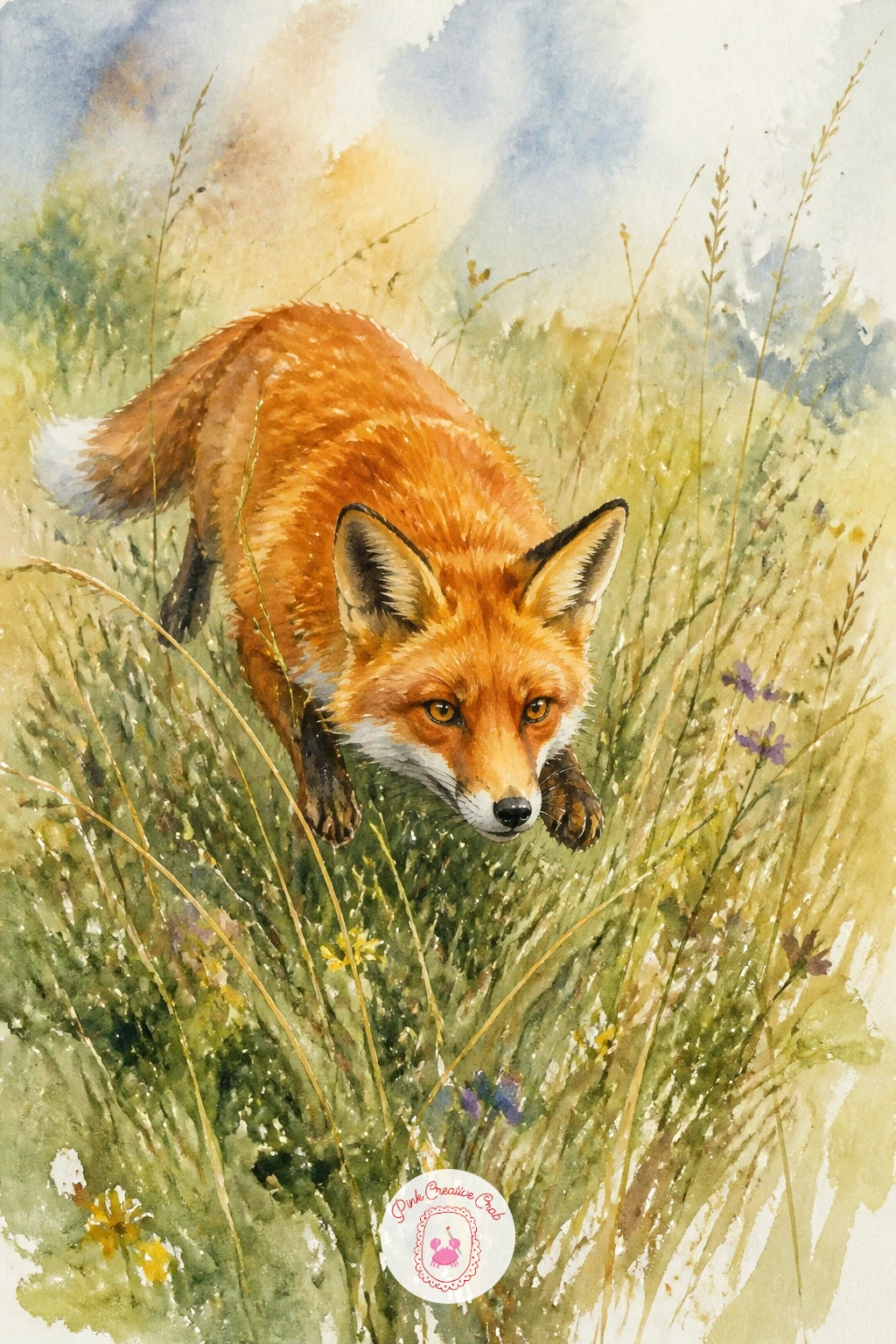 Fox Hunting in Grass — A fox frozen mid-pounce, ears forward and body low, brings a wilder energy into the meadow than any of the grazing or resting animals so