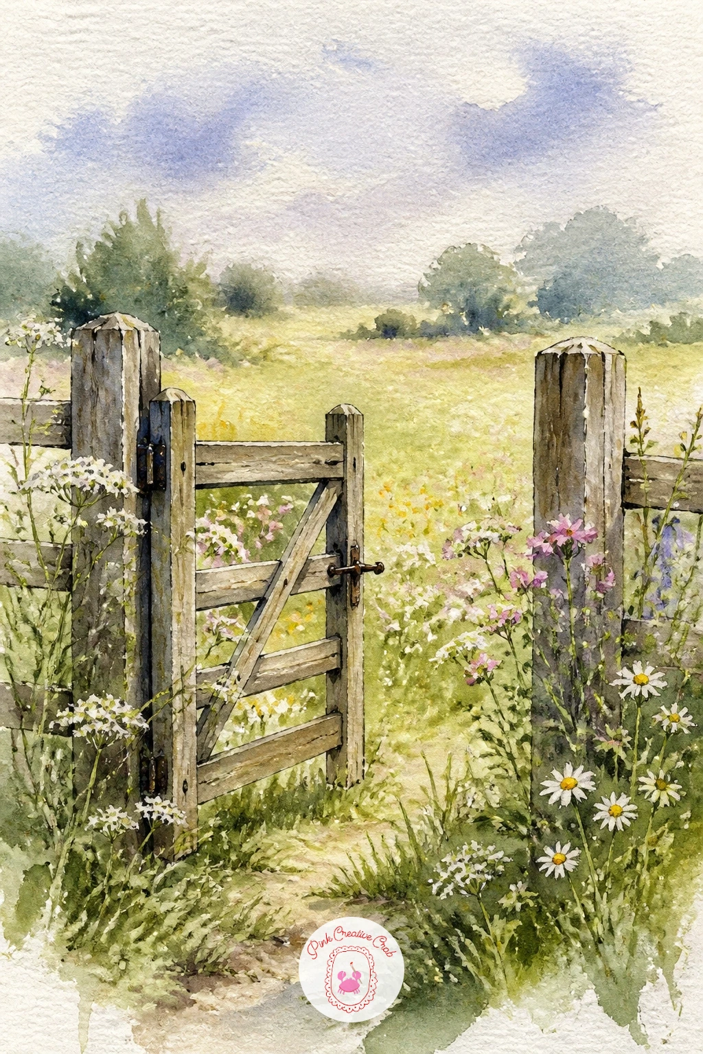 Wooden Gate With a Meadow Beyond — A simple wooden gate standing half open in the foreground, with the meadow spreading out beyond it, gives the whole painting