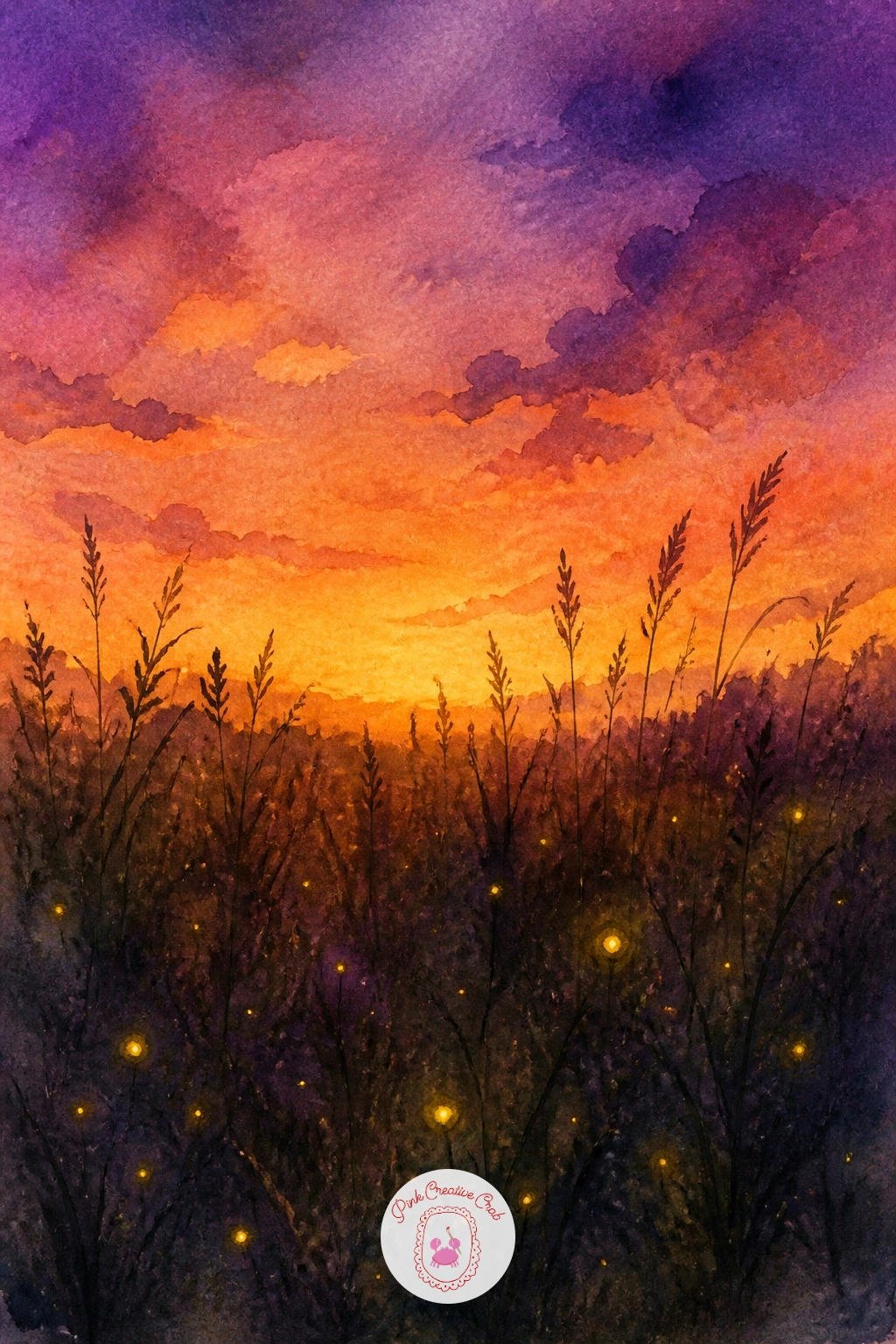 Meadow at Sunset With Fireflies — Fireflies drifting over the meadow as the sun sets give you an excuse to paint a warm glowing sky and a few tiny points of