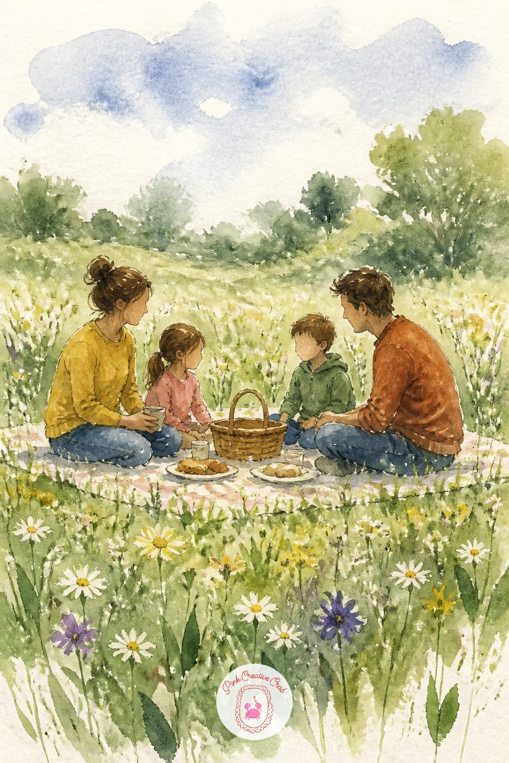 Family Picnic in a Meadow — Expand the earlier picnic blanket idea into a fuller scene by adding a small family seated around it, two adults and a child