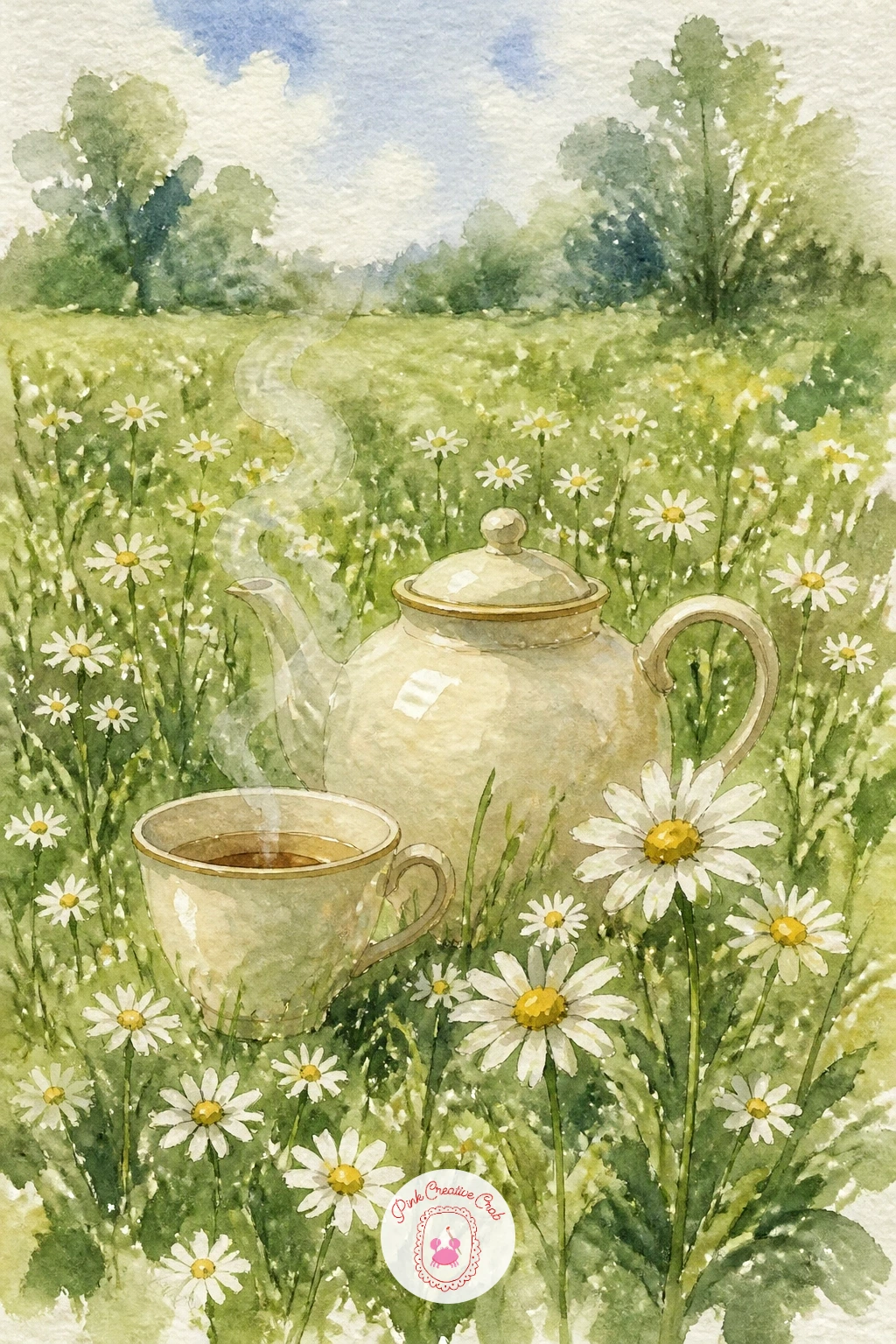Meadow With Chamomile and a Teapot — Bring a cozy still-life touch into the meadow with a teapot and a cup set down in the grass beside a cluster of chamomile