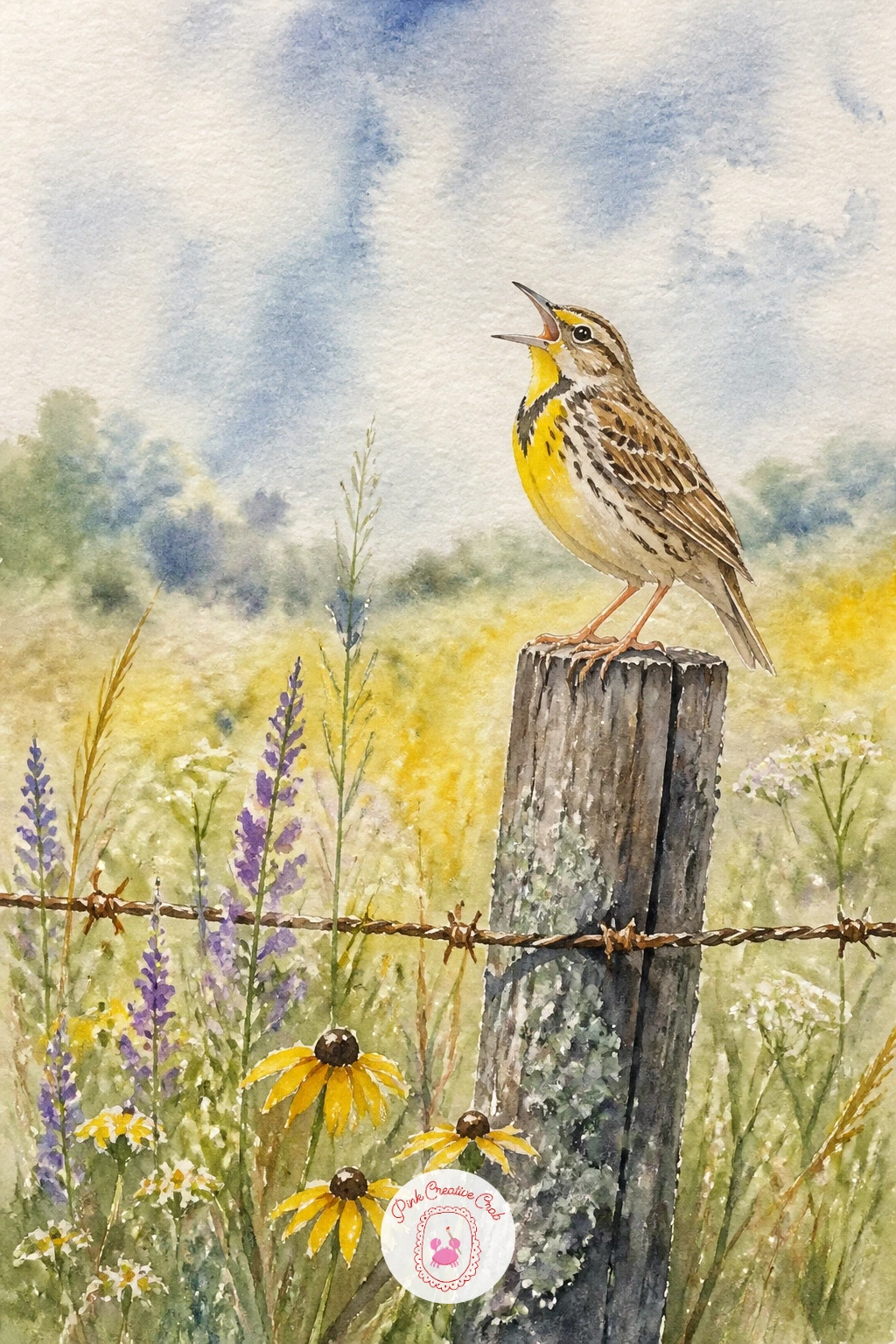 Bird Singing on a Fence Post — A small bird perched on a weathered fence post with its beak lifted gives you a focused subject that still fits naturally into