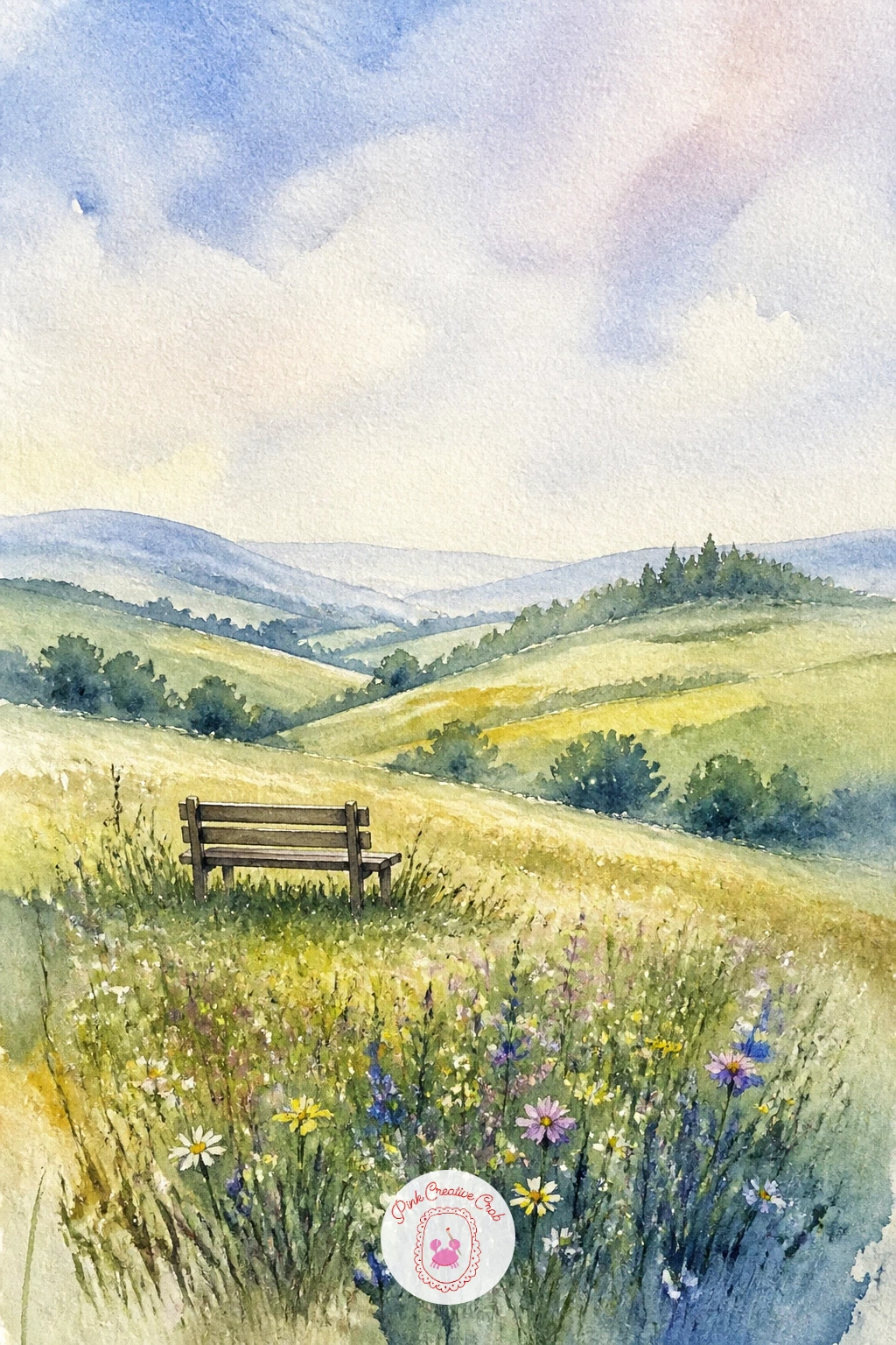 Meadow With a Bench and a View — Close the whole collection out with a simple wooden bench set in the meadow, facing away from the viewer toward an open view