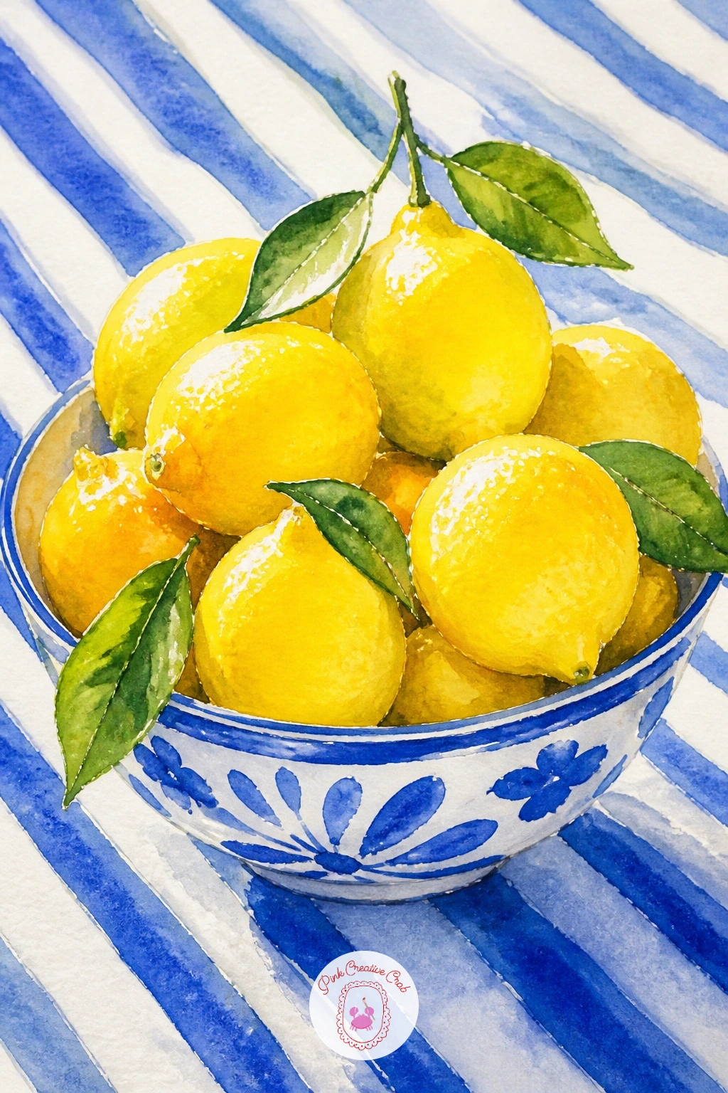 Bowl of Lemons on a Striped Tablecloth — Move from floating fruit to a tabletop scene with a bowl of lemons on a striped tablecloth, a lovely way to practice