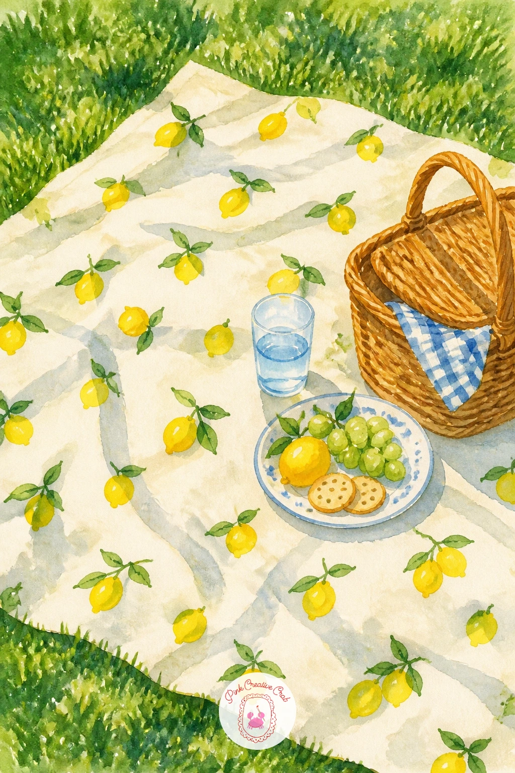 Lemon Print Tablecloth at a Picnic — Build on that striped cloth with a lemon print tablecloth at a picnic, where the pattern itself becomes the star instead