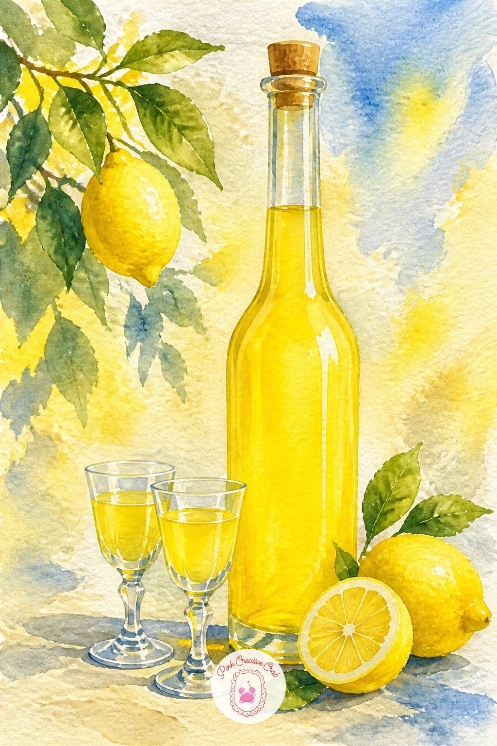 Limoncello Bottle With Glasses — A limoncello bottle with glasses makes a charming little still life and a good chance to practice painting glass alongside a