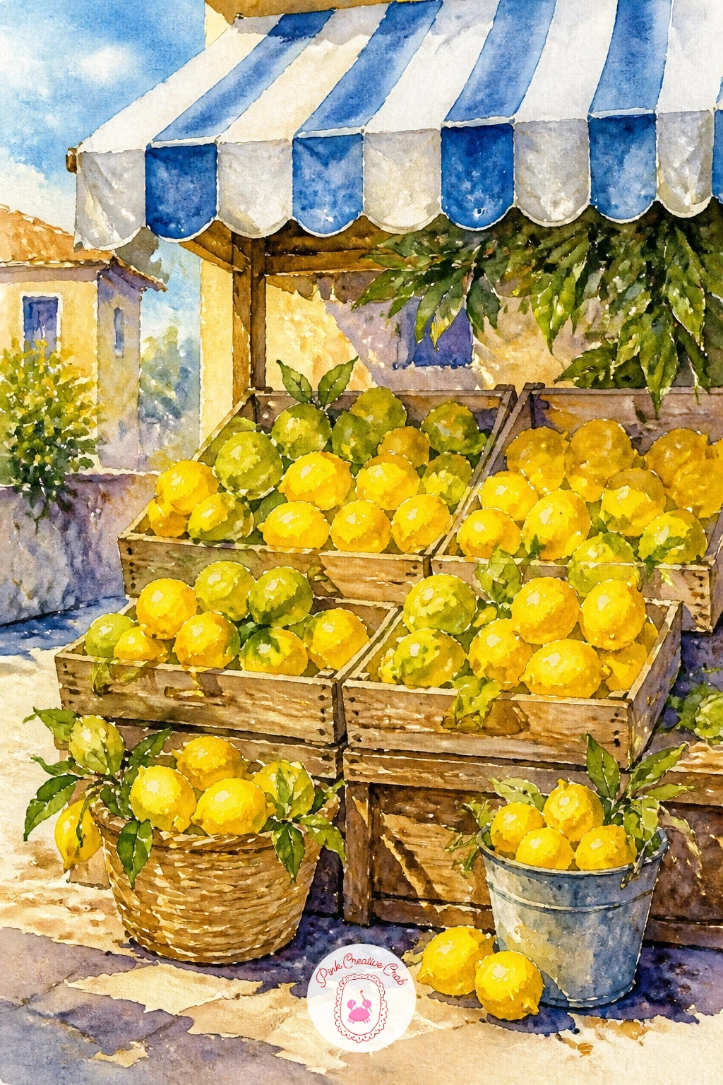 Lemon Stand at a Market — Widen the scene with a lemon stand at a market, a fun chance to paint a small setting with crates, fruit, and a hint of awning
