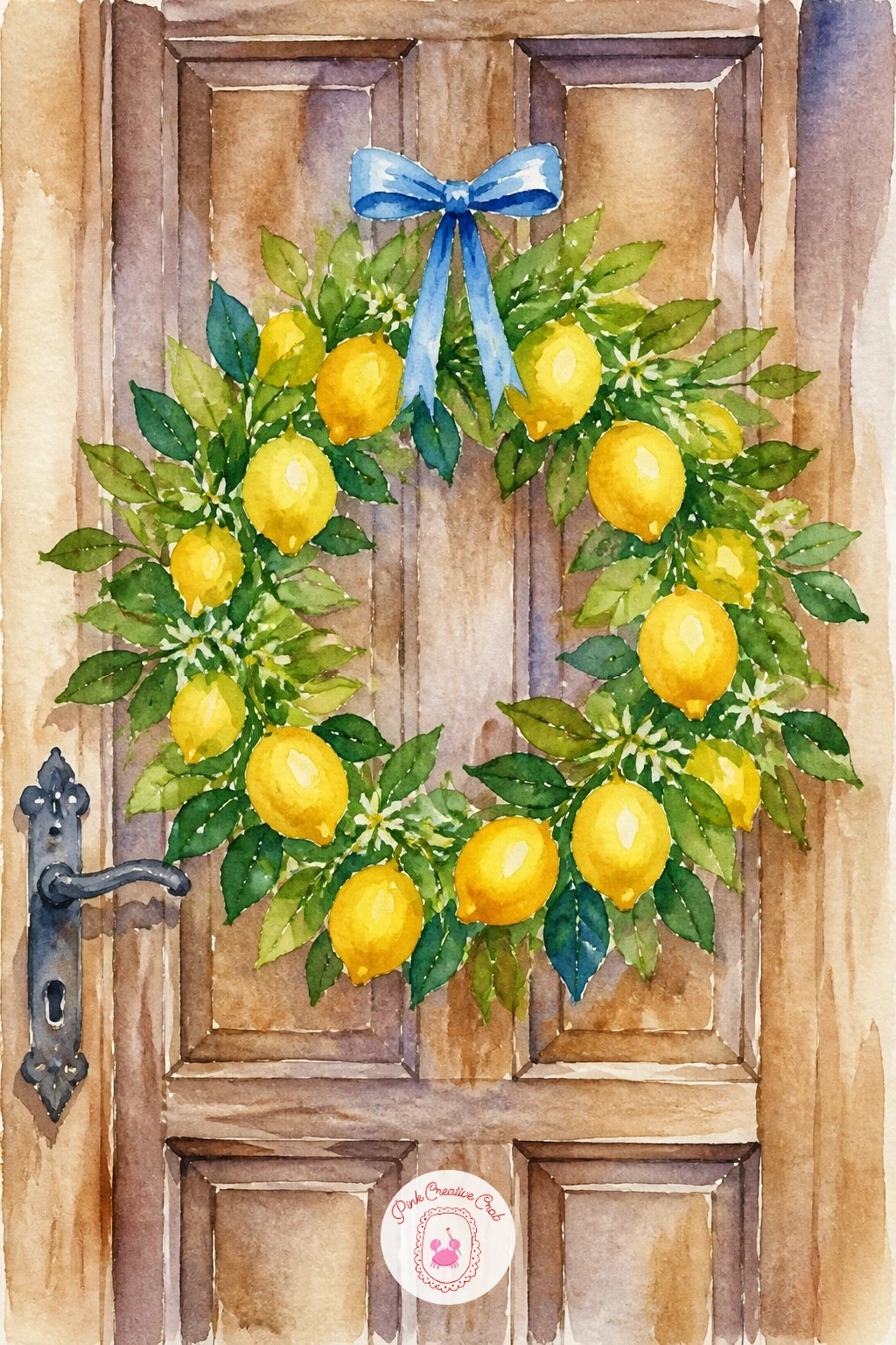 Lemon Wreath on a Door — Turn to a decorative subject with a lemon wreath on a door, built from a simple ring of greenery dotted with lemons. Lemon watercolor