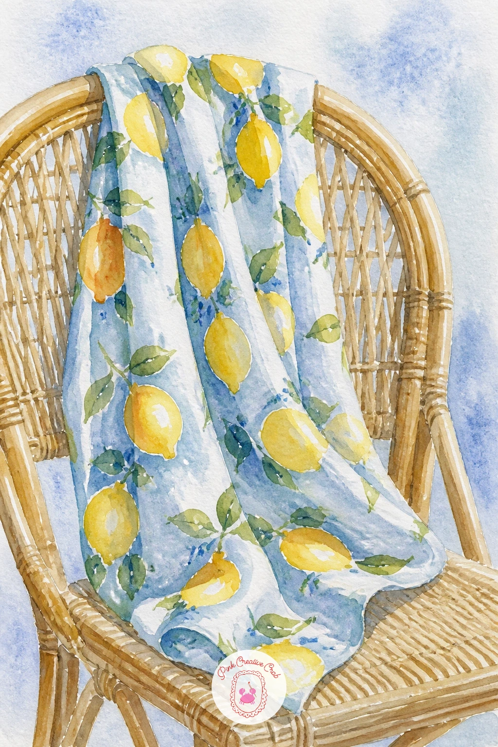 Lemon Print Scarf on a Chair — Settle into a quieter domestic scene with a lemon print scarf on a chair, letting the fabric drape give you practice with folds.