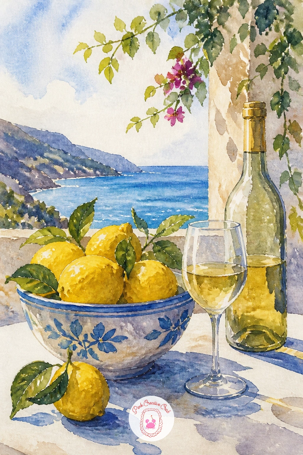 Terrace Table With Lemons and Wine — Widen the scene again with a terrace table with lemons and wine, a relaxed vignette that layers several small objects into