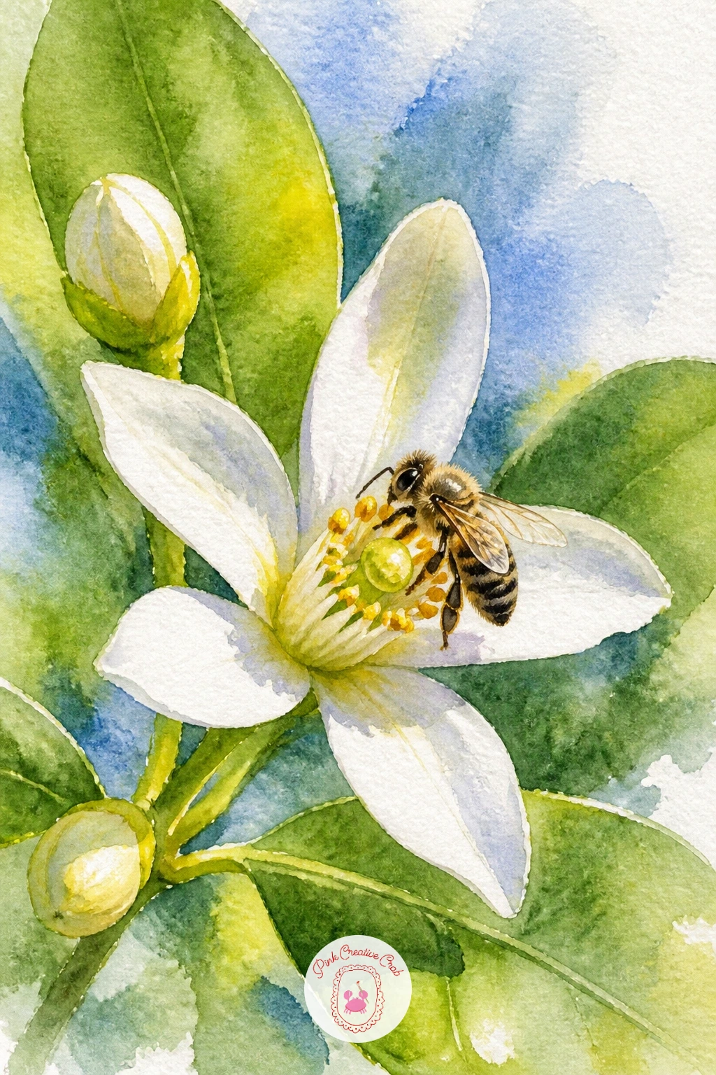 Bee on a Lemon Blossom — Zoom in close with a bee on a lemon blossom, a detailed little subject that rewards patience with its tiny striped visitor. Lemon