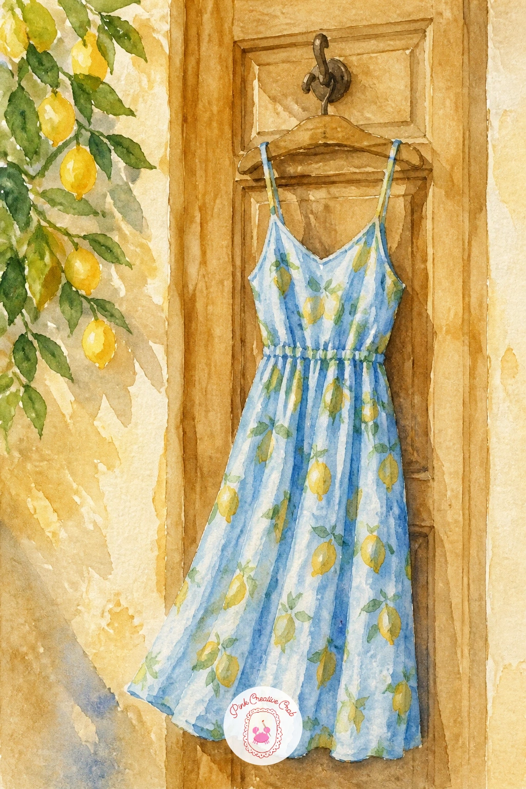 Lemon Dress Hanging on a Door — Try something a little different with a lemon dress hanging on a door, a fashion-inspired vignette built around a printed