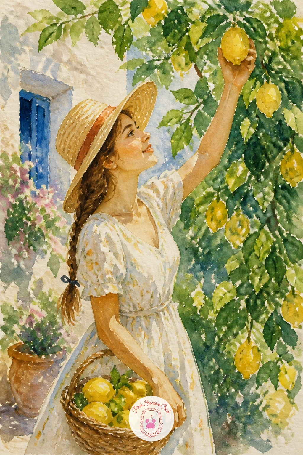Girl in a Straw Hat Picking Lemons — Return to a figure with a girl in a straw hat picking lemons, a gentle outdoor scene pairing a simple person with the