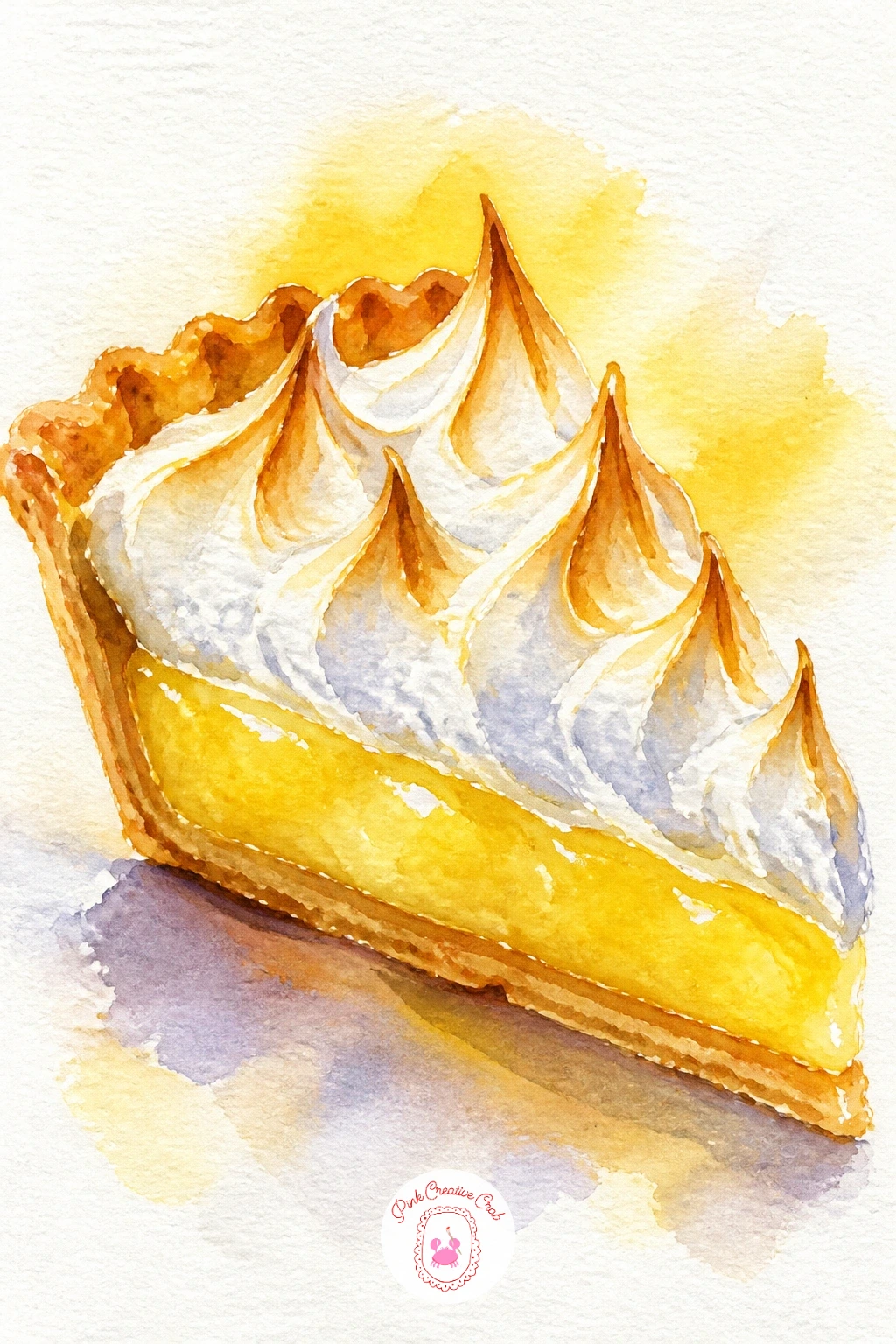 Lemon Meringue Pie — Build toward the final pair of desserts with a lemon meringue pie, a subject that contrasts smooth yellow filling against billowing white