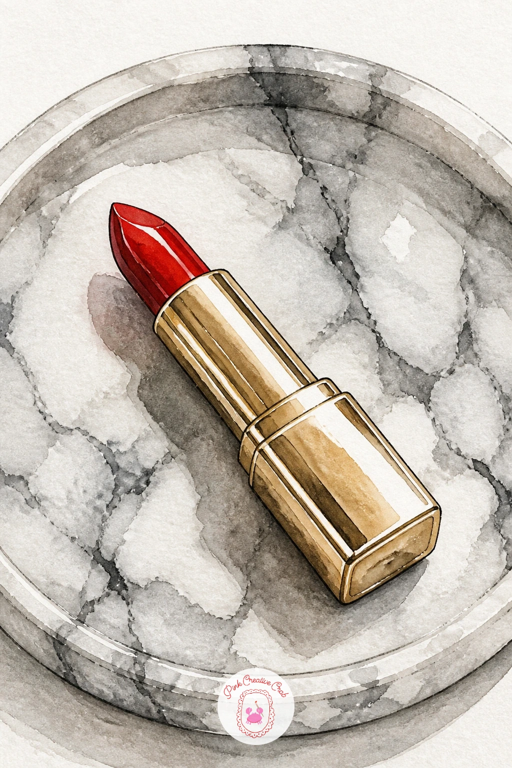 Red Lipstick on Marble Tray — Start the whole set with a red lipstick, cap off, lying on a marble tray. Watercolor makeup