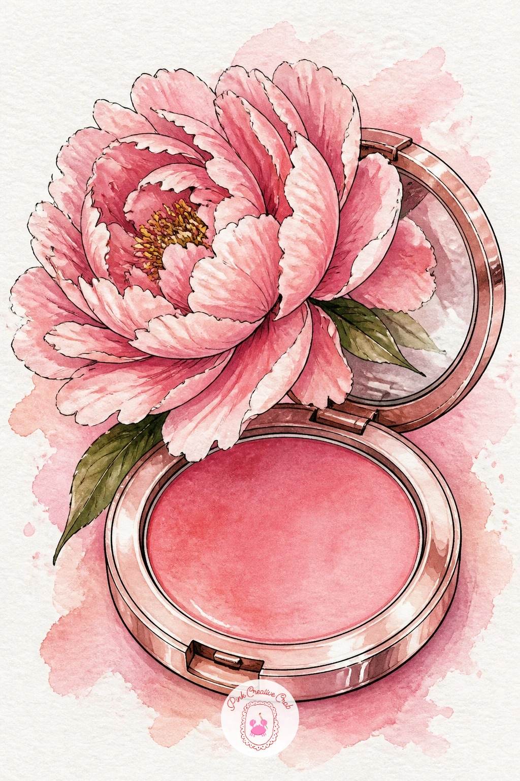 Blush Compact With Peony — Pair a round blush compact with a single peony bloom resting across it for one of the prettiest colour studies in the set.