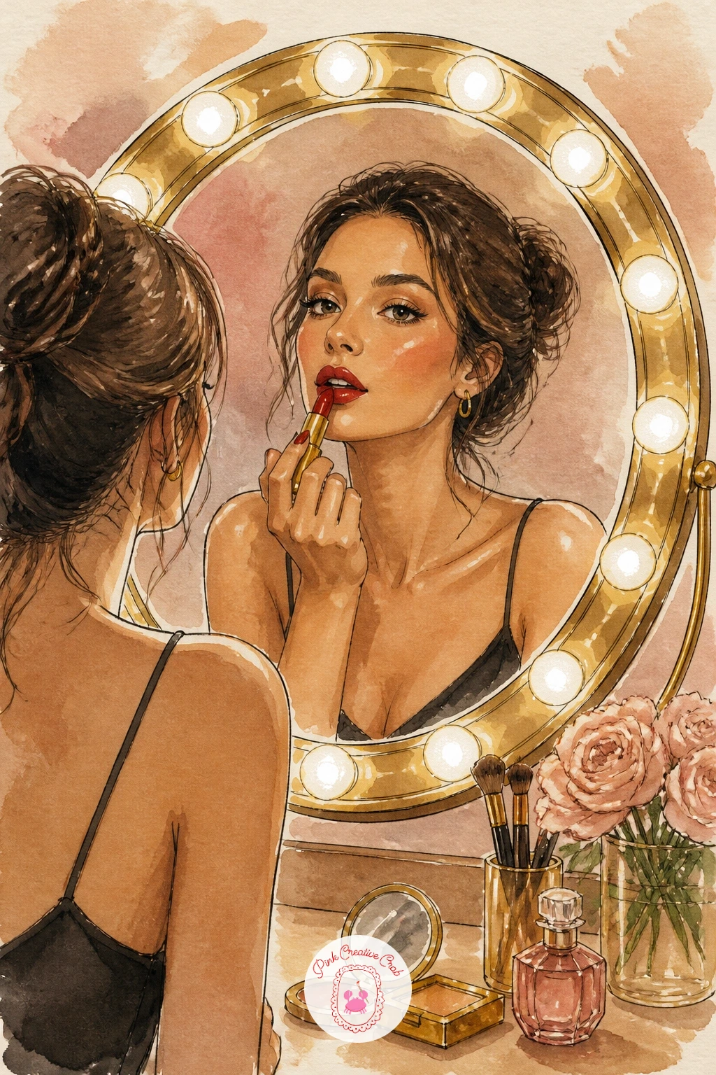Vanity Mirror With Bulbs and Girl Applying Lipstick — This is the first figure in the set, so keep her simple: a Hollywood-style vanity mirror ringed with